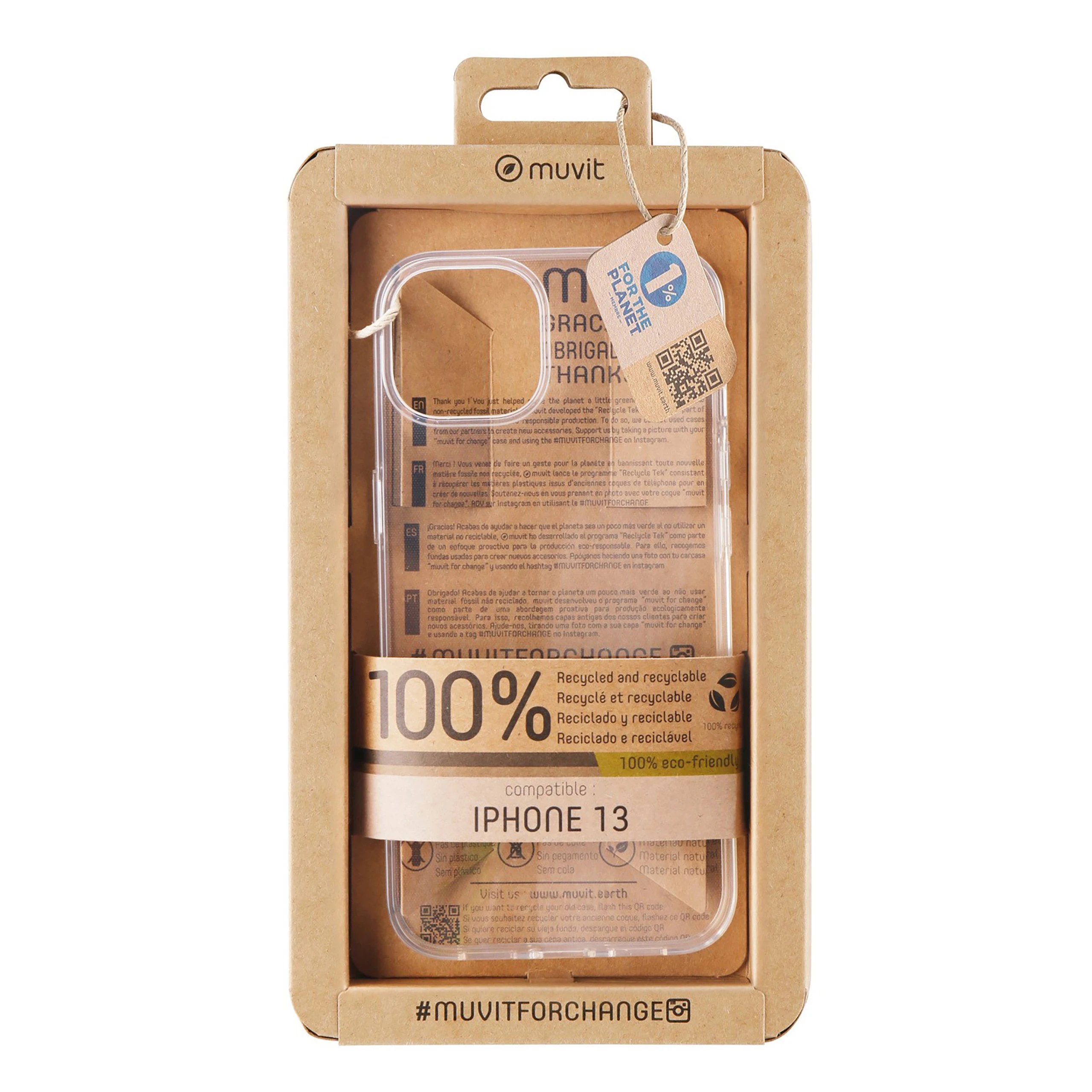 Muvit - Funda Recycletek transparente para iPhone 13 con protección contra golpes y arañazos, fabricada con materiales reciclados