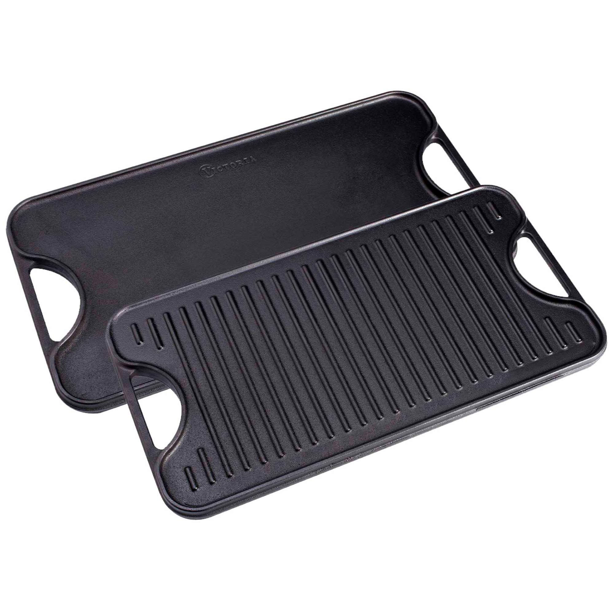 Victoria Plancha Cocina Hierro Fundido Inducción Parrilla Doble Reversible para Fuego, Barbacoa, Horno, Vitrocerámica, Gas, Libre de Tóxicos sin PTFE