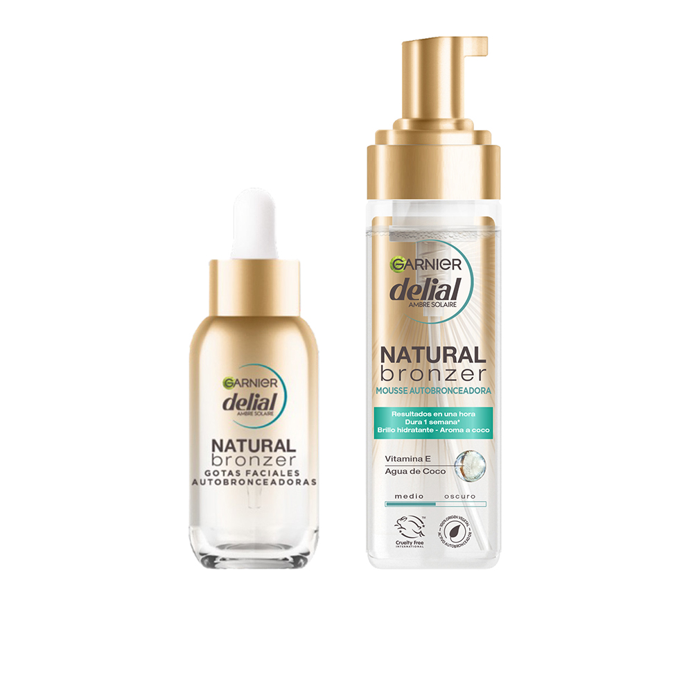 Garnier | Pack Delial Autobronceadores Mousse Autobronceadora con Agua de Coco Hidratante 200 ml + Natural Bronzer Gotas Faciales Autobronceadoras con Ácido hialurónico y Agua de coco - 30 ML