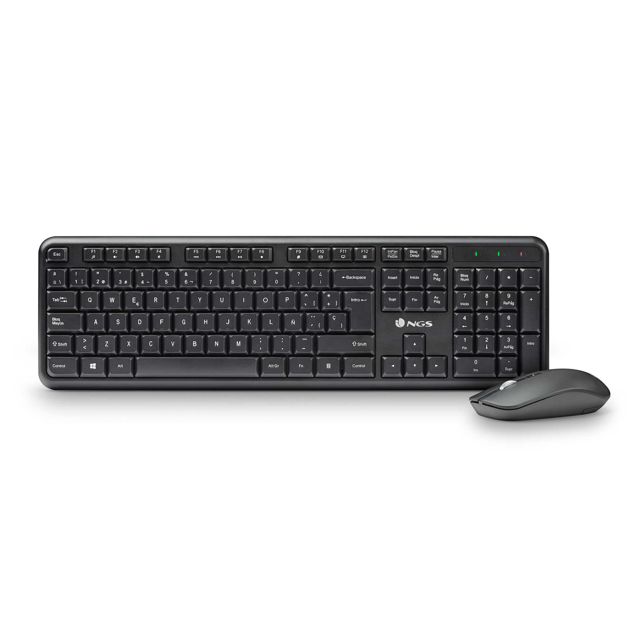 NGS SERENITY KIT: combo de teclado y ratón inalámbricos. 12 Teclas multimedia. Layout Español. Silencioso. Ratón Ambidiestro, 800-1200-1600 DPI. Negro