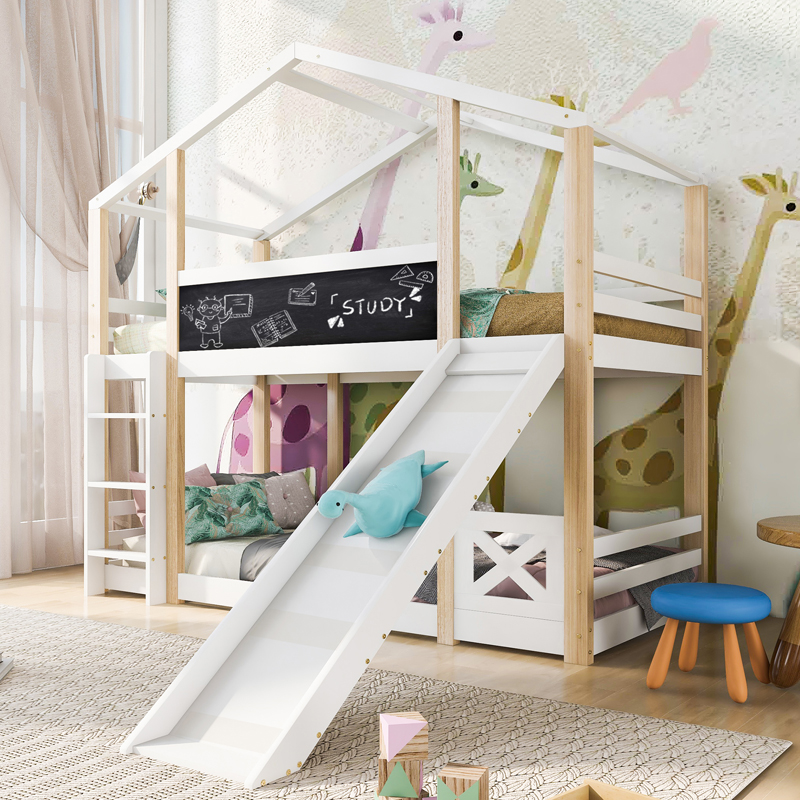 Lit enfant superposé cabane blanc avec échelle, toboggan et deux sommiers