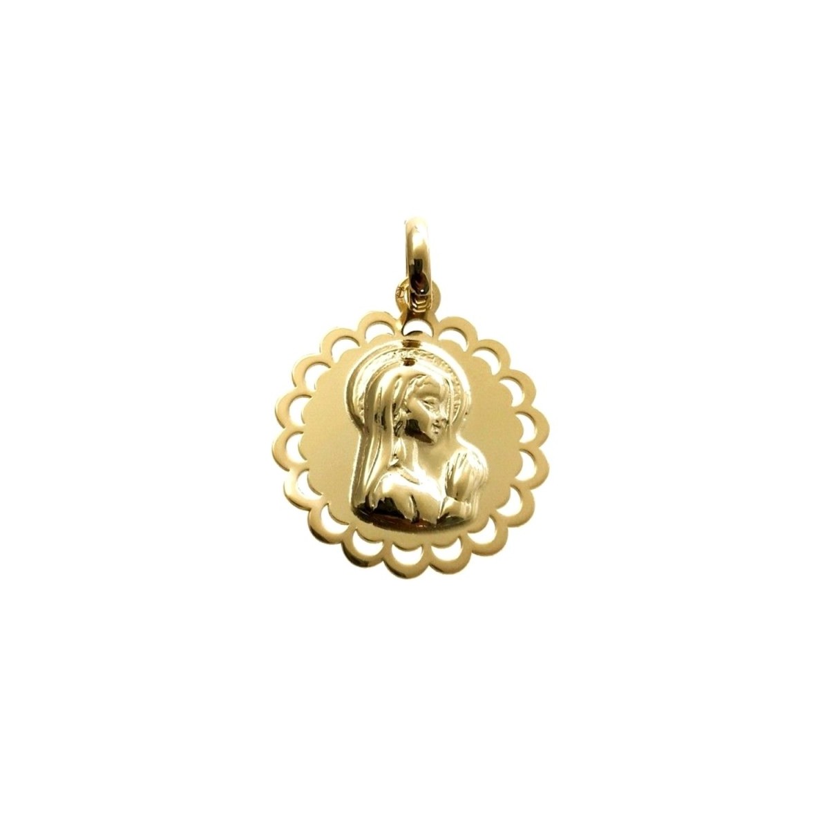 Medalla colgante plata Ley 925m chapada oro 19mm. Virgen Niña lisa borde calado forma