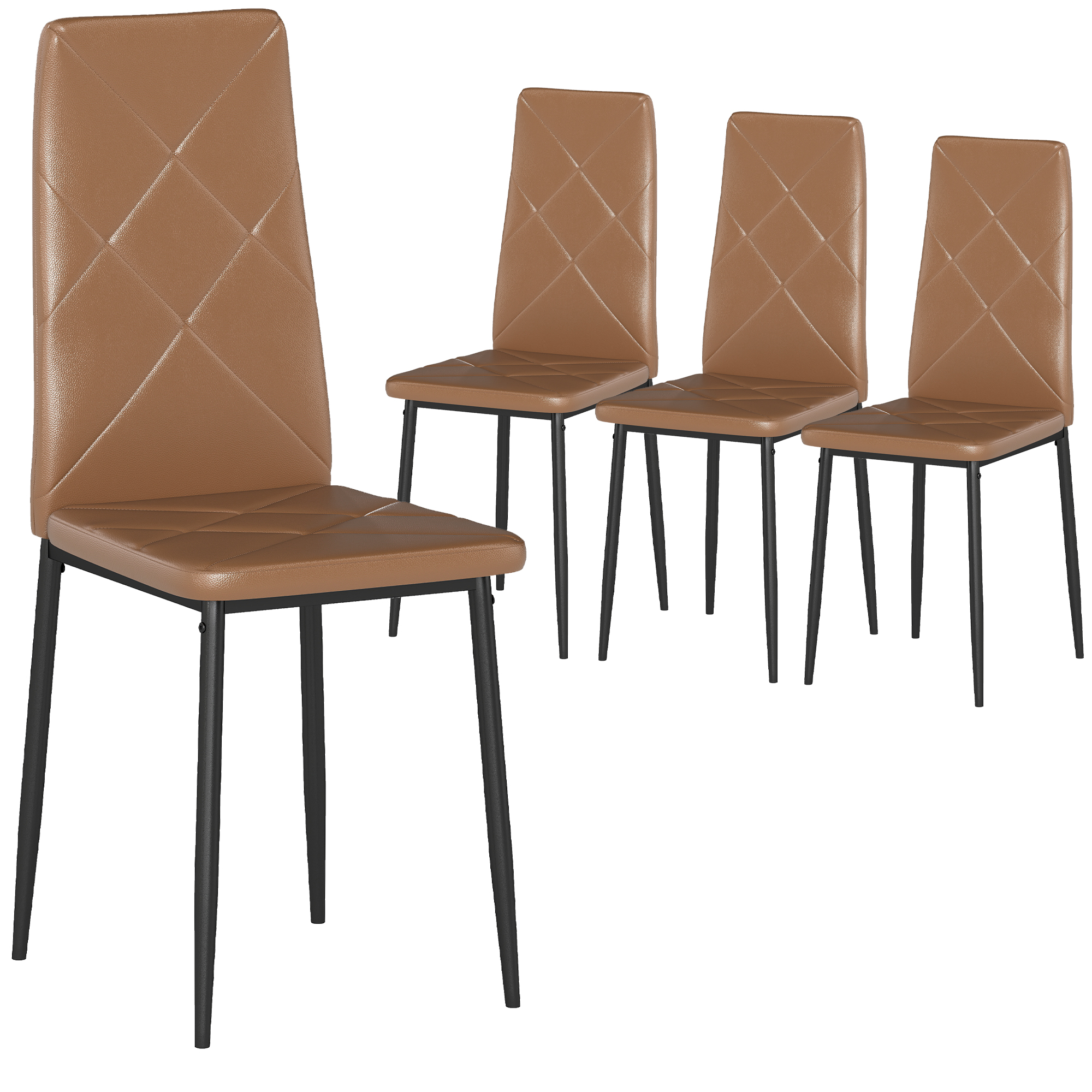 HOMCOM Pack de 4 Sillas de Comedor, Sillas de Cocina Modernas, Tapizadas de Cuero Sintética, Respaldo Alto, Asiento Acolchado, Patas de Acero, Marrón