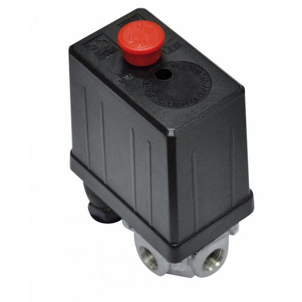 Interruptor de presión monofásico 12 bar 4 vías – Stanley, conexiones 1x3/8" F y 3x1/4" F, ideal para compresores de aire, diseño compacto, fácil instalación, color negro