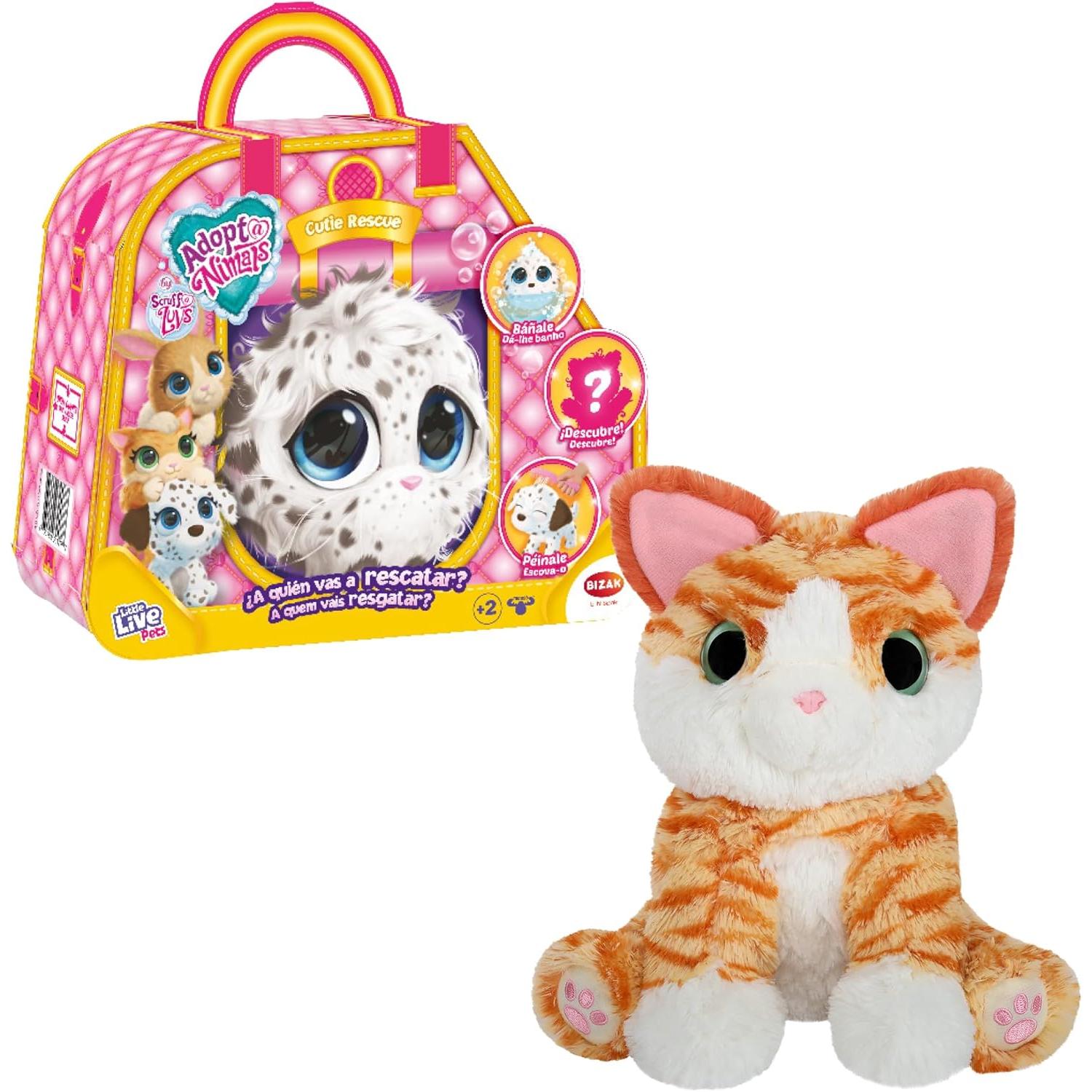 Bizak Adoptanimals Cutie Rescue, Mascota de Peluche Suave, adopta y rescata a un Perrito, Gatito o Conejo, Animal Sorpresa para cuidar, con Accesorios, (63040177)