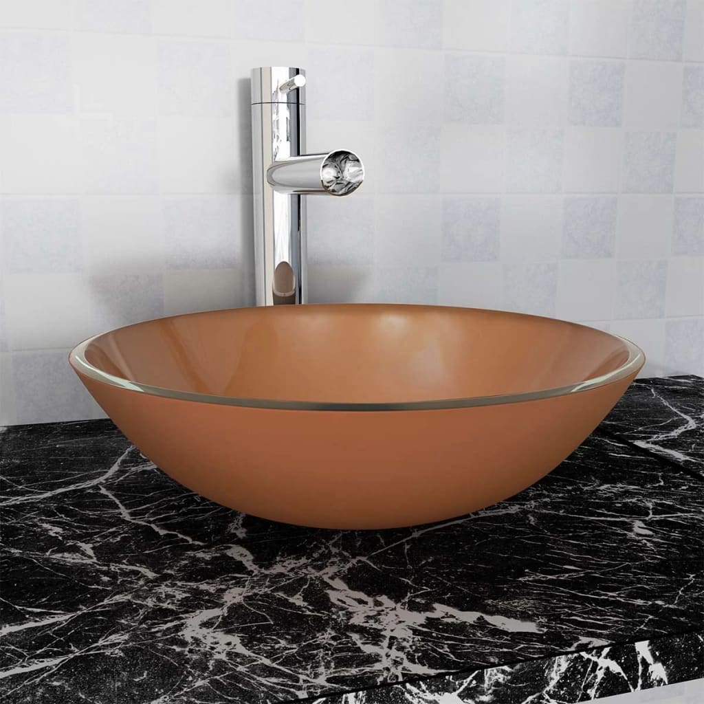 vidaXL Lavabo Vidrio Templado 42 cm Esmerilado Fregadero Fontanería Bricolaje Color del lavabo Esmerilado,  Marrón,  Dorado y mas