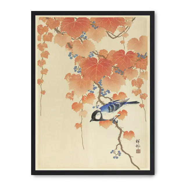 Cuadro autumn birds 30x40cm, Póster impreso en papel de primera calidad de 180gr, montado sobre marco de madera MDF acabado en negro., Arte - Japonés