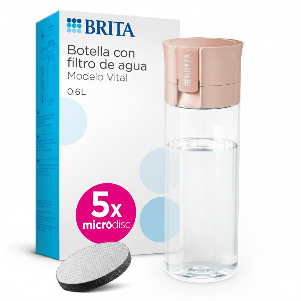 BRITA Botella Filtrante de Agua, Mod. VITAL Rosa Apricot (600 ml), Incluye 5 filtros MicroDisc, para hidratarse en cualquier lugar, elimina cloro, impurezas, hormonas y preserva minerales