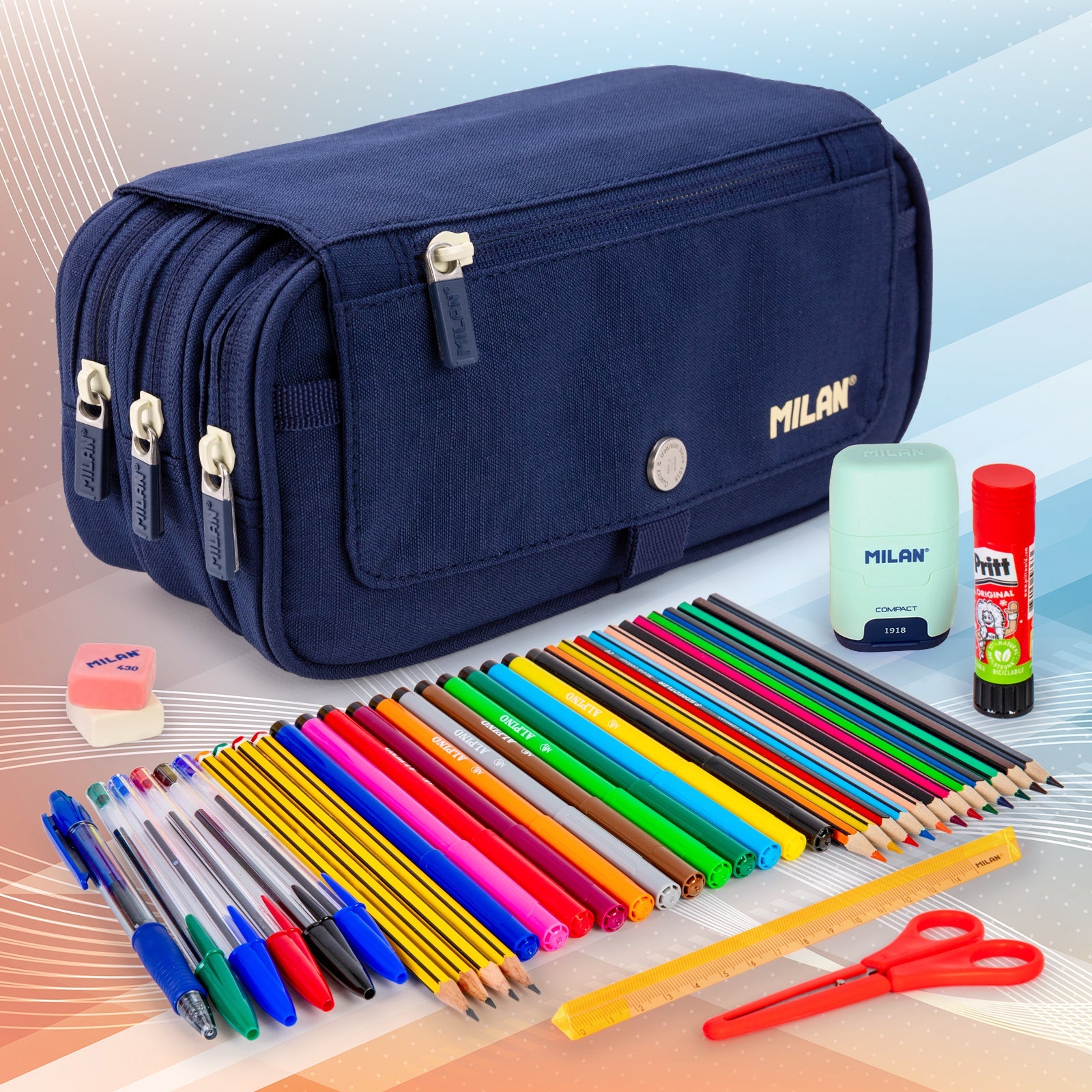 ColePack PRO Milan - Estuche Triple de 3 Cremalleras y Material Escolar Incluido. Azul 1918