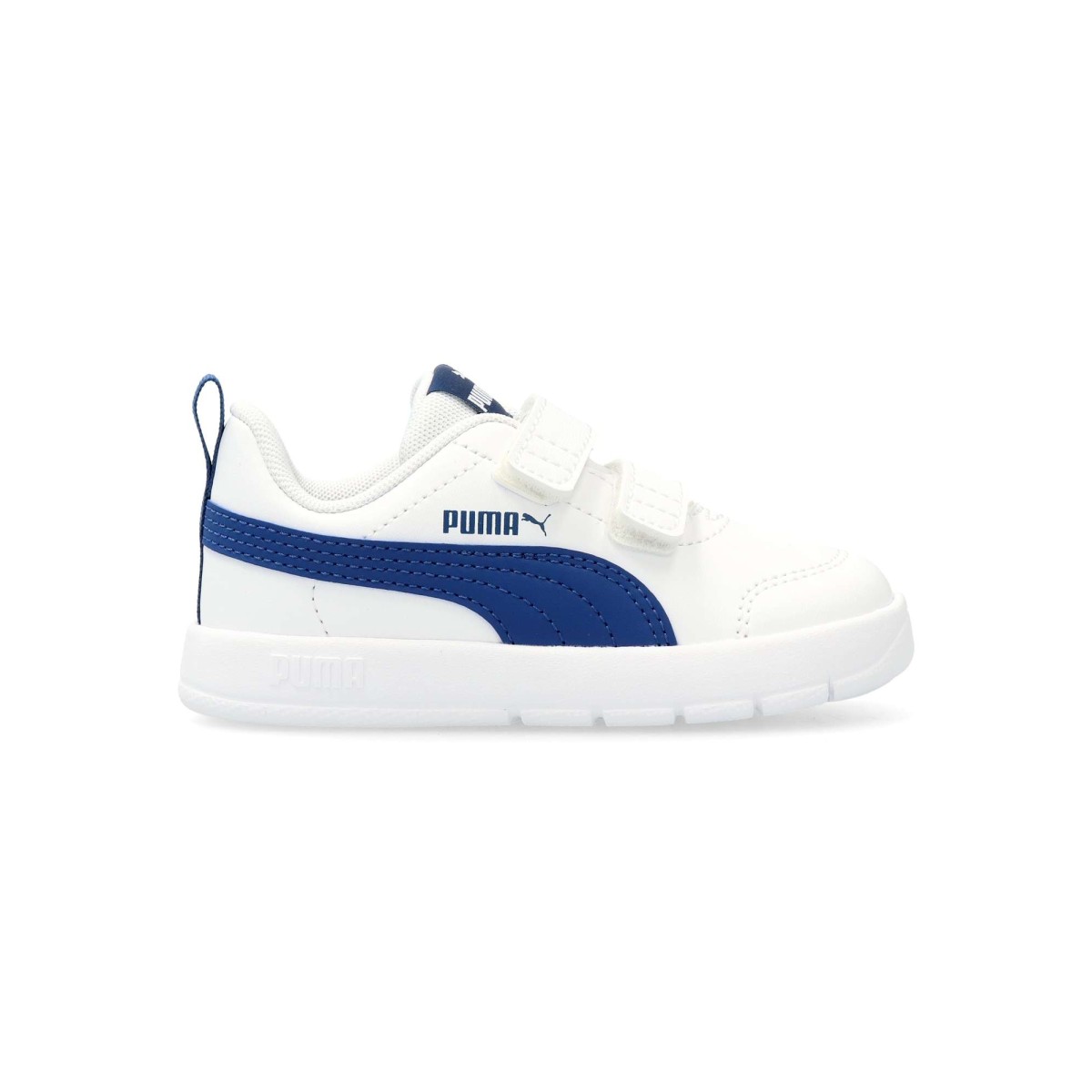 PUMA - Zapatillas deportivas niño Courtflex V3 de piel sintética con suela de goma y plantilla acolchada, estilo casual blanco-azul para parque