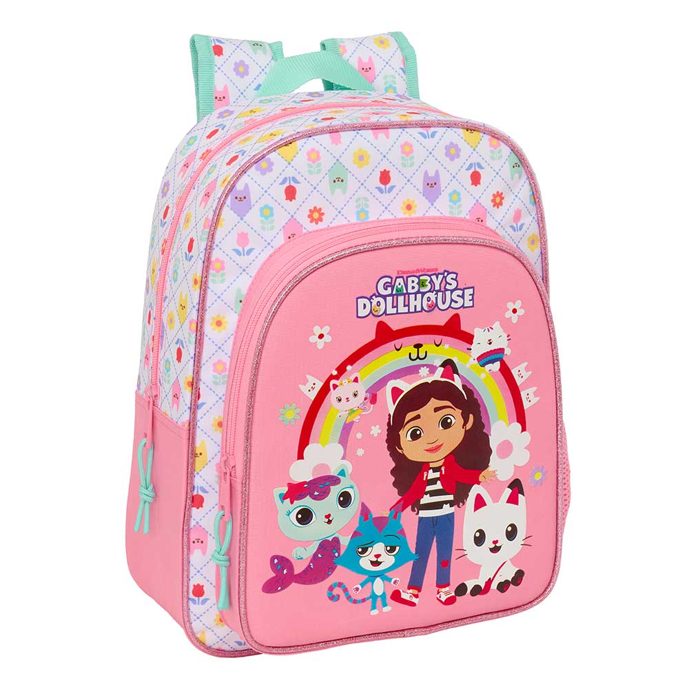 SAFTA | Mochila Escolar Junior Gabby’s Dollhouse Adaptable a Carro (Sin Carro) Ergonómica y Acolchada, Con Ruedas Extraíbles o Sistema de Sujeción, Compartimento con Cremallera, Hombreras Ergonómicas