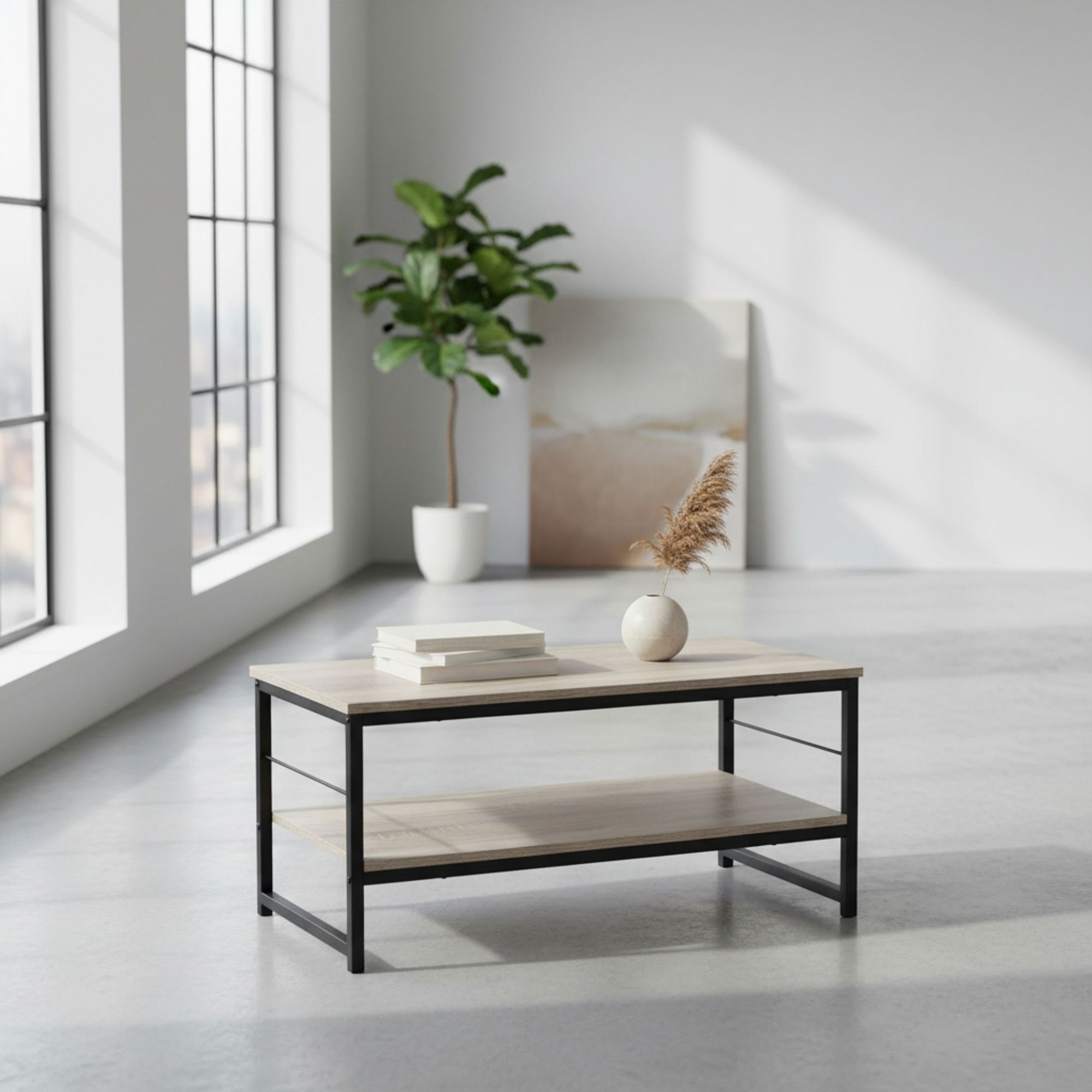 MOBLEKIT | Mesas de Centro y Muebles Auxiliares Bajos de Metal y Madera, Mesas Rectangulares o Estanterías de Dos Niveles con Compartimentos, Muebles Modernos para Salón, Dormitorio u Oficina