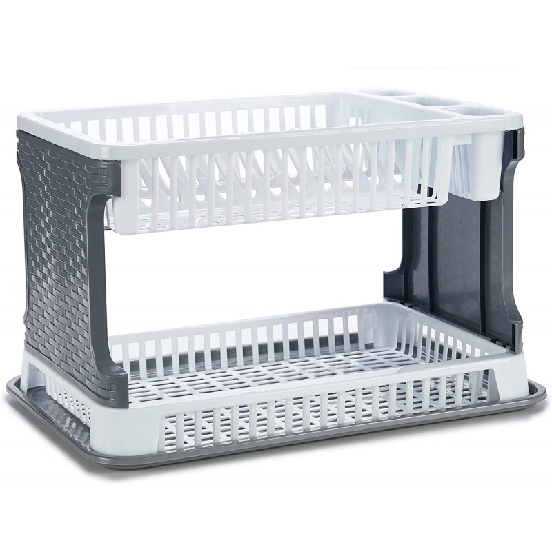 Escurreplatos de Plástico 2 Alturas con Bandeja - Textura Ratán - Gran Capacidad y Resistencia - 30,3 x 8,5 x 44,5 cm