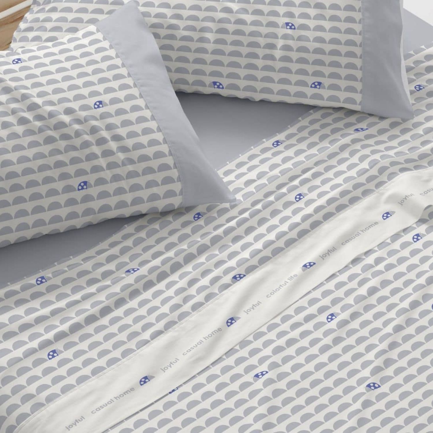 Juego Sábanas Infantiles BURRITO BLANCO 50% Algodón Diseño Geométrico Mariquitas Azul - Tacto Suave, Fácil Planchado - Cama 90-200cm