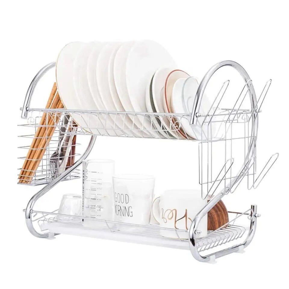 Escurridor de platos de 2 niveles, estantería de platos, organizador de metal, soporte de almacenamiento para Cocina, cesta chapada