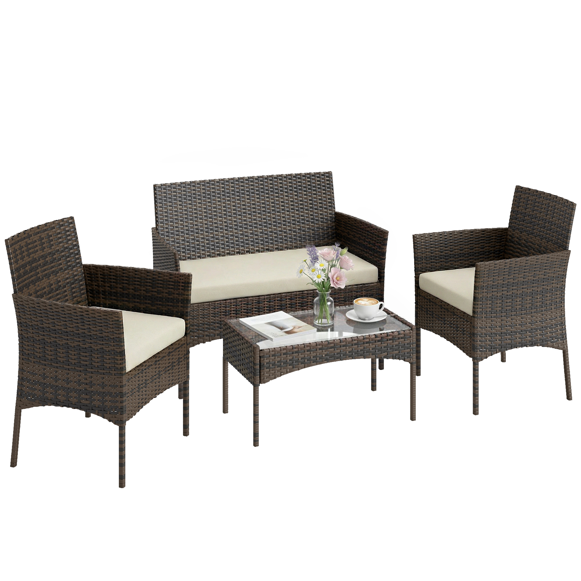 Outsunny Juego De Salón De Jardín De 4 Piezas: Sofá De 2 Plazas, 2 Sillones Y Mesa Auxiliar, Estructura De Acero Antióxido, Con Lamas Para Drenaje