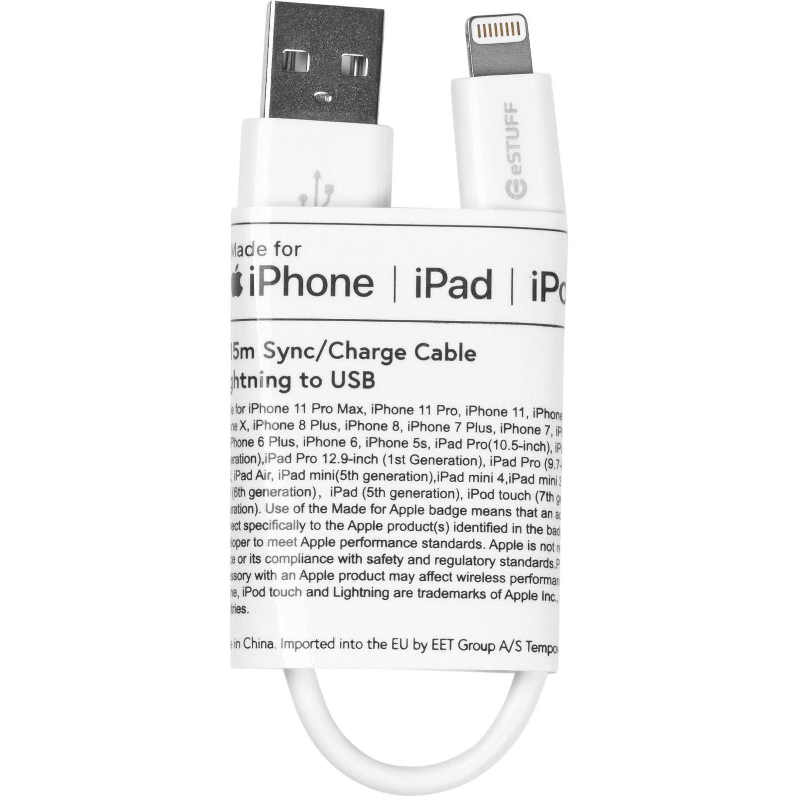 Estuff Cable Lightning MFI 0,15m Blanco Certificado Alta Velocidad de Carga