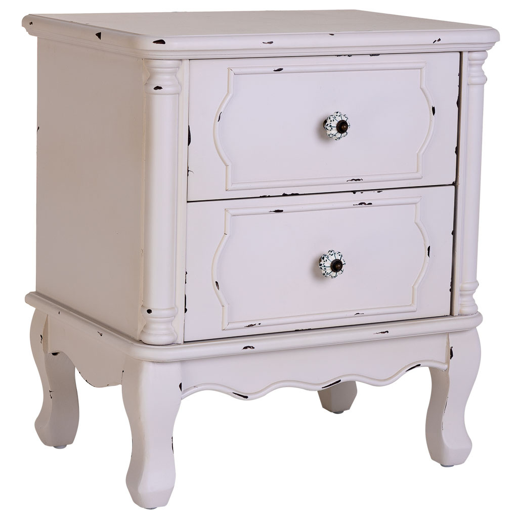 Wonderlust Deco - Mesita de madera blanco envejecido de 2 cajones 50x36x55h cm Blanco 50x36x55h cm