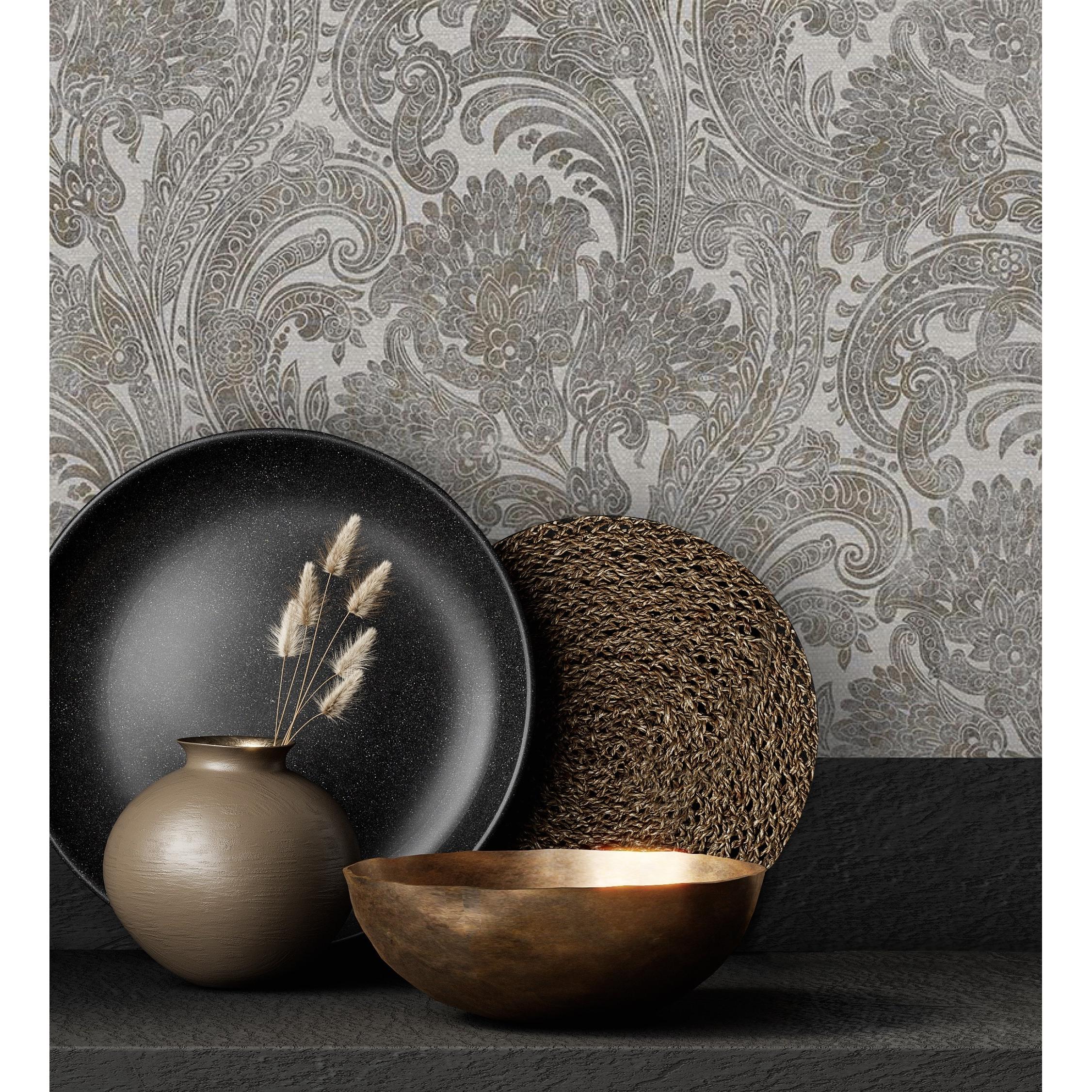 Papel pintado vinílico cachemir floral hindú con relieve efecto textura de tela - Tamil Etnik 676350 de GAULAN - Rollo de 10 m x 1,06 m