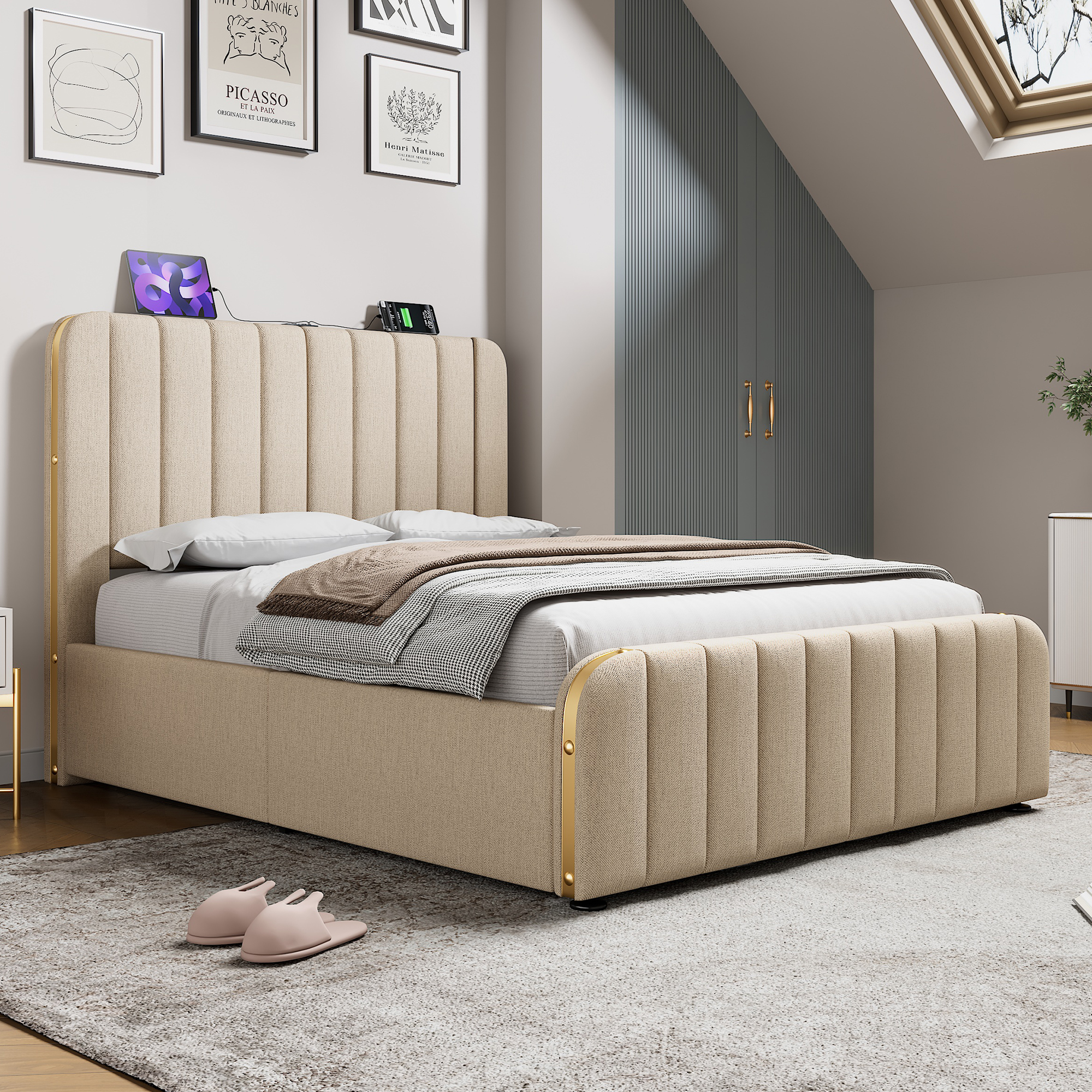 Lit rembourré beige 140 x 190 cm avec rangement hydraulique et ports USB Type-C