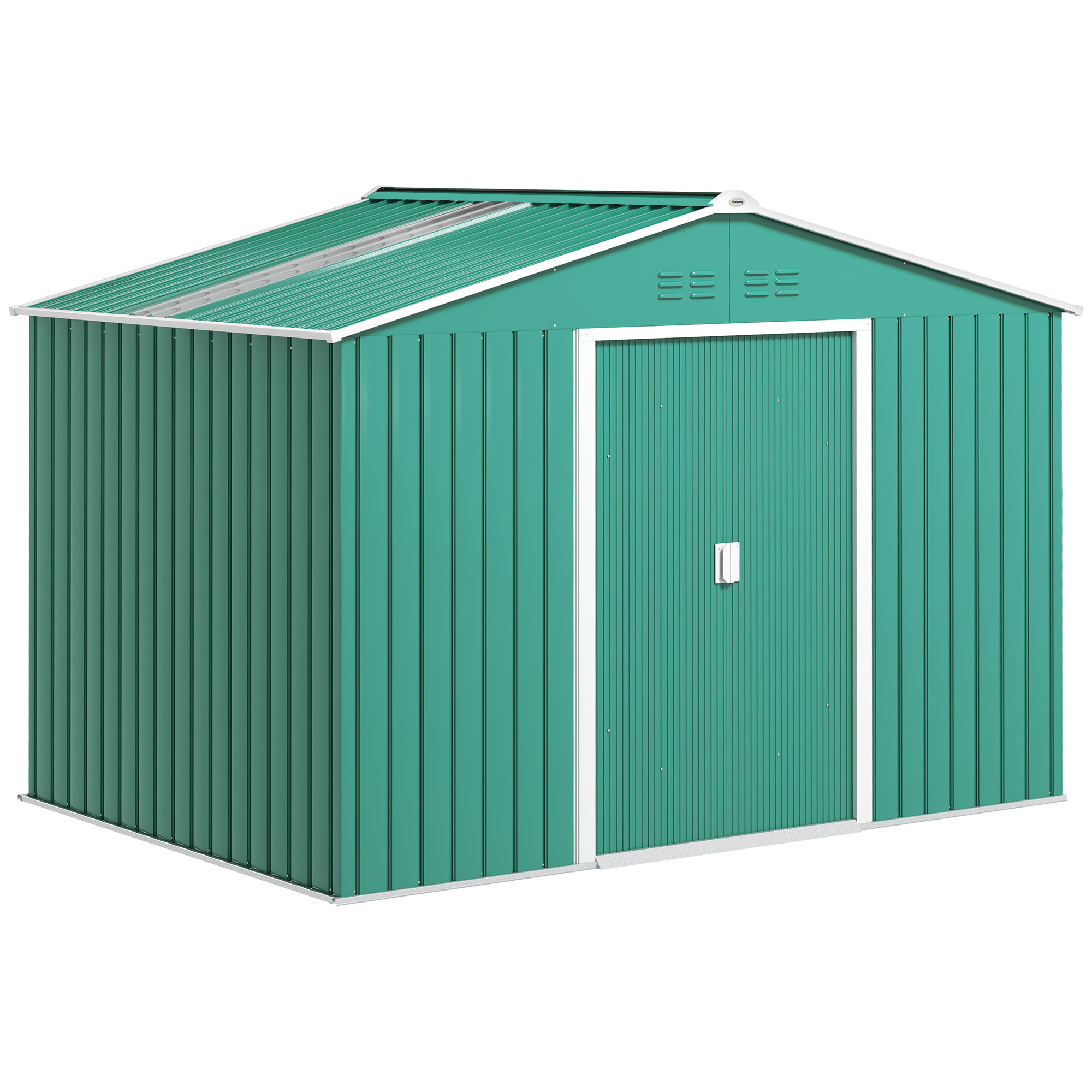 Outsunny Caseta de Jardín Exterior 4,9 m², 277x195x192 cm, Cobertizo de Jardín Exterior Metálico con Claraboya de Fibra de Vidrio, Puerta Corredera, Ventilación y Kit de Fundación, Verde