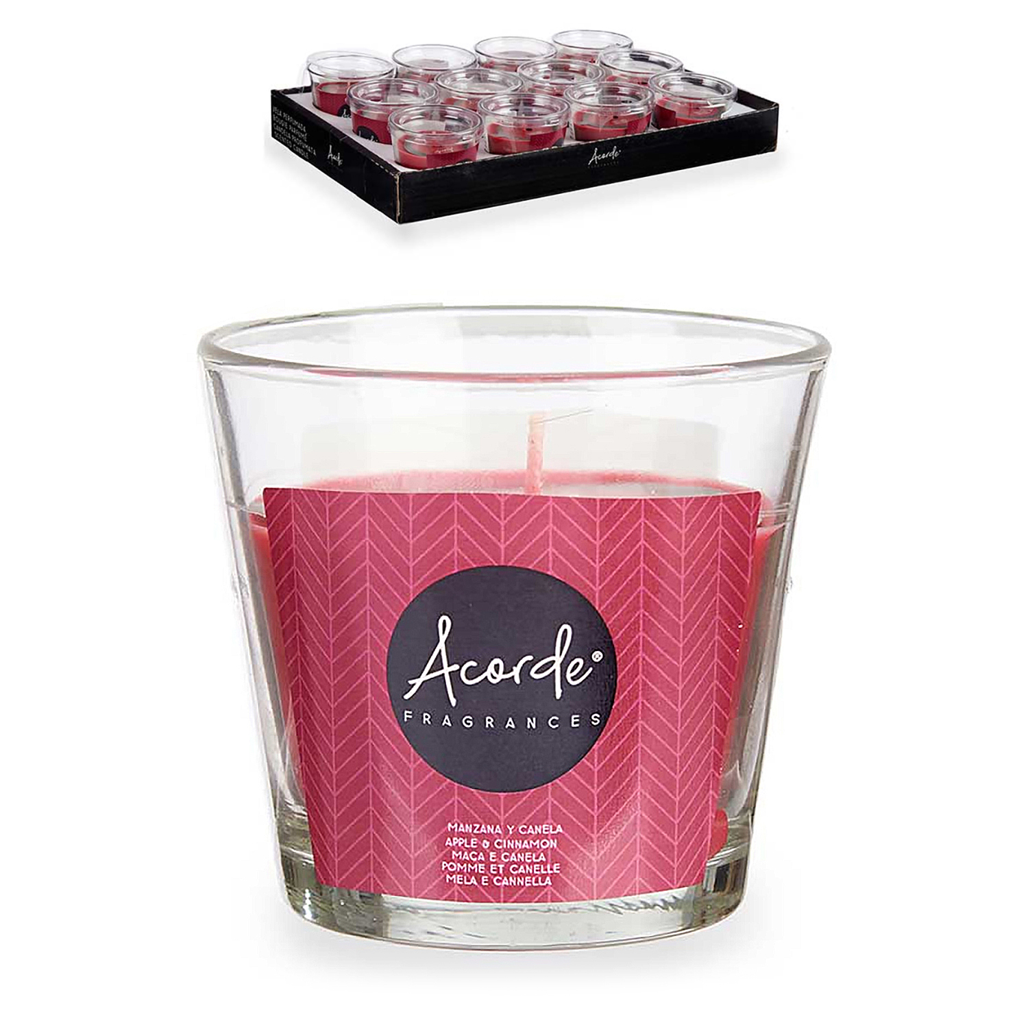 DAM Pack 12 velas vaso, aroma a manzana y canela. Hasta 28h de duración. 8,5x8,5x8 cm Color: Rojo