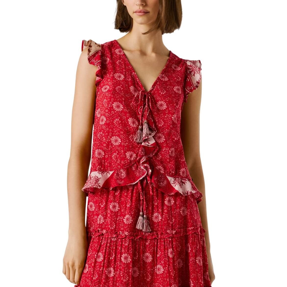 Blusa Sin Mangas Cristal Con Estampado Floral Rojo Y Volantes De