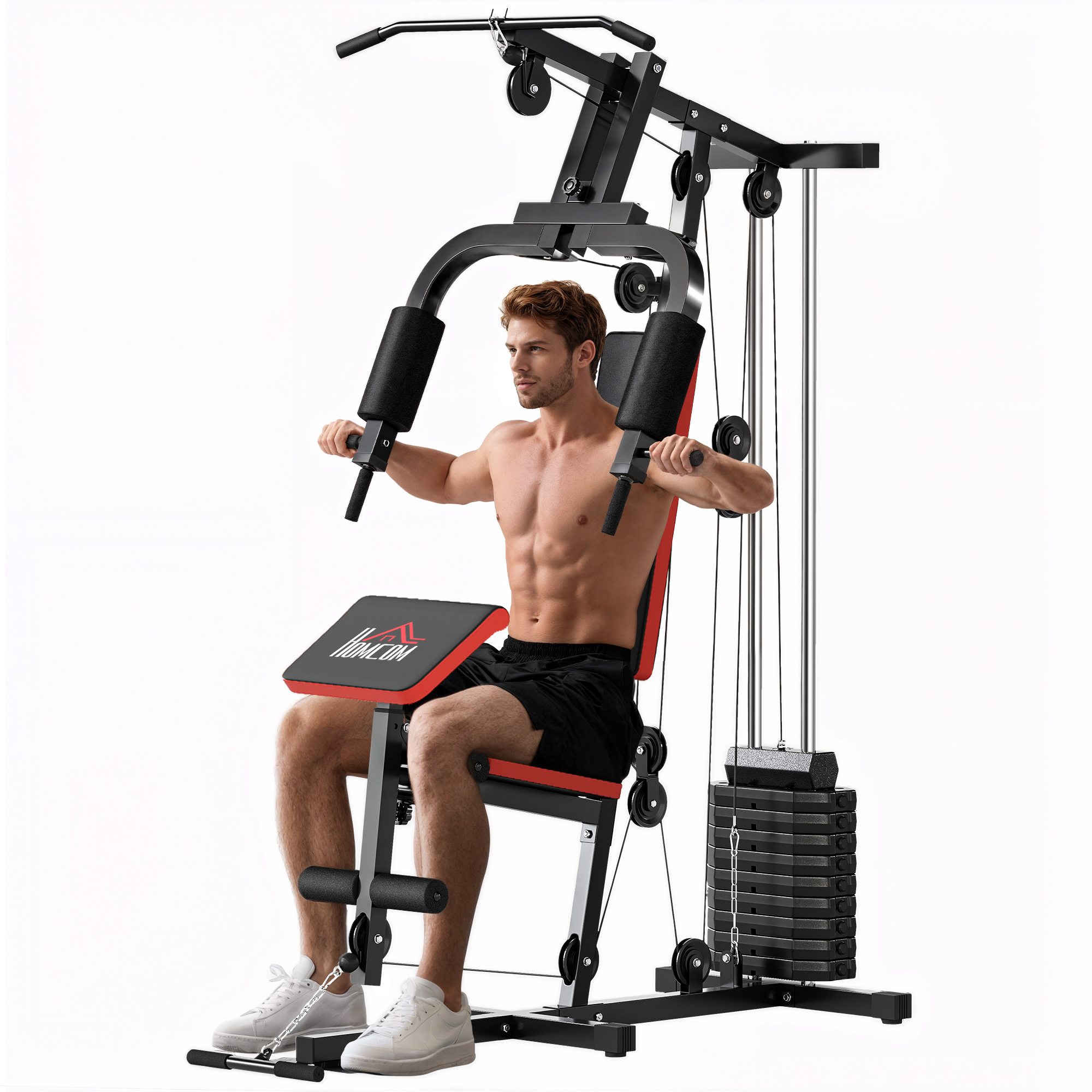 HOMCOM Multiestación Musculación, Máquina de Musculación con Prensa de Pecho, Placas de Peso de 65 kg, Curl de Piernas y Brazos, Polea Mariposa, Carga 100 kg, para Entrenamiento Casa Gimnasio, Negro
