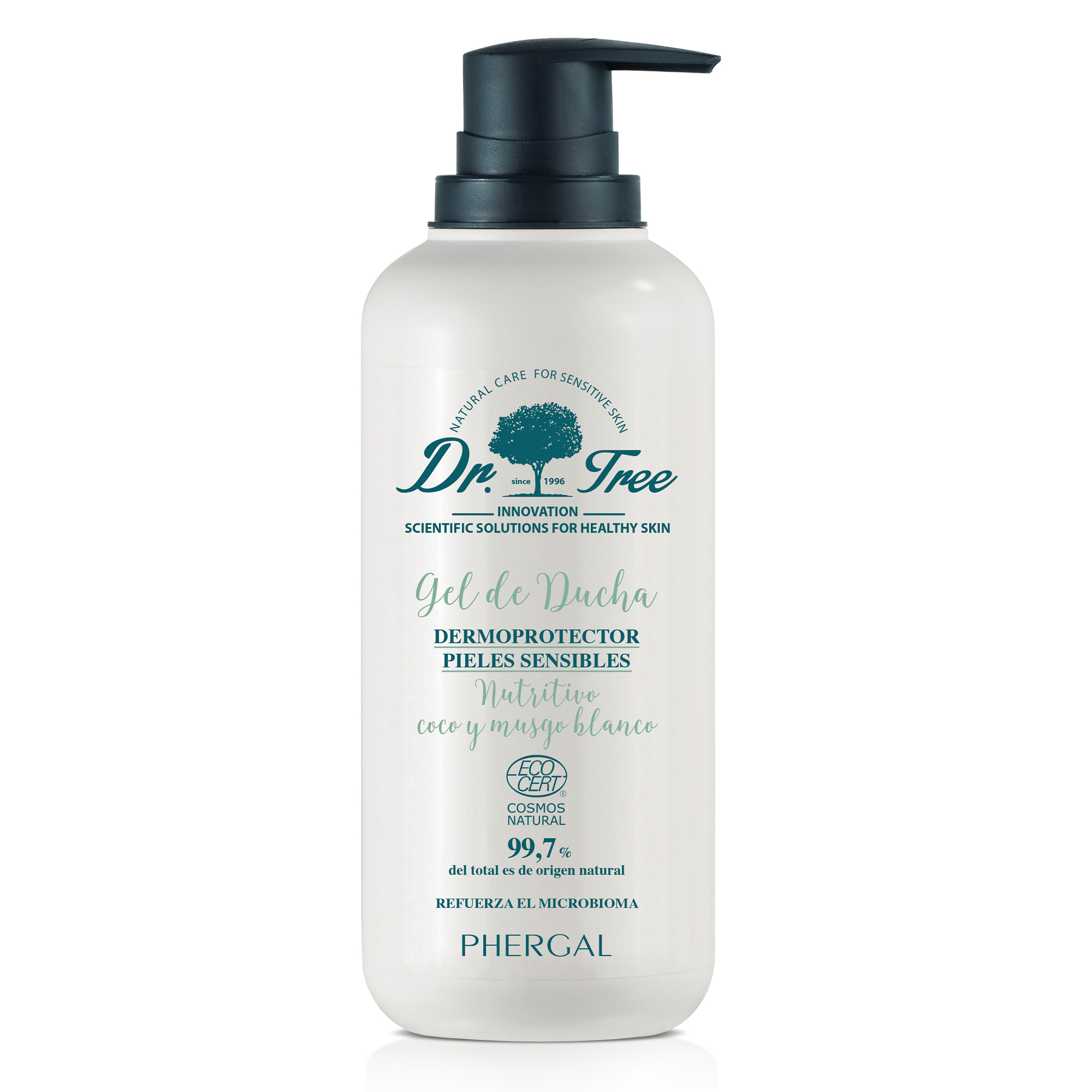 Dr. Tree Gel de Ducha Dermoprotector Nutritivo | Aroma a Coco y Musgo Blanco | Especial Pieles Sensibles o Tendencia Atópica | Fortalece el Microbioma | Formulado con un 99.7% Ingredientes Naturales | 500 ml