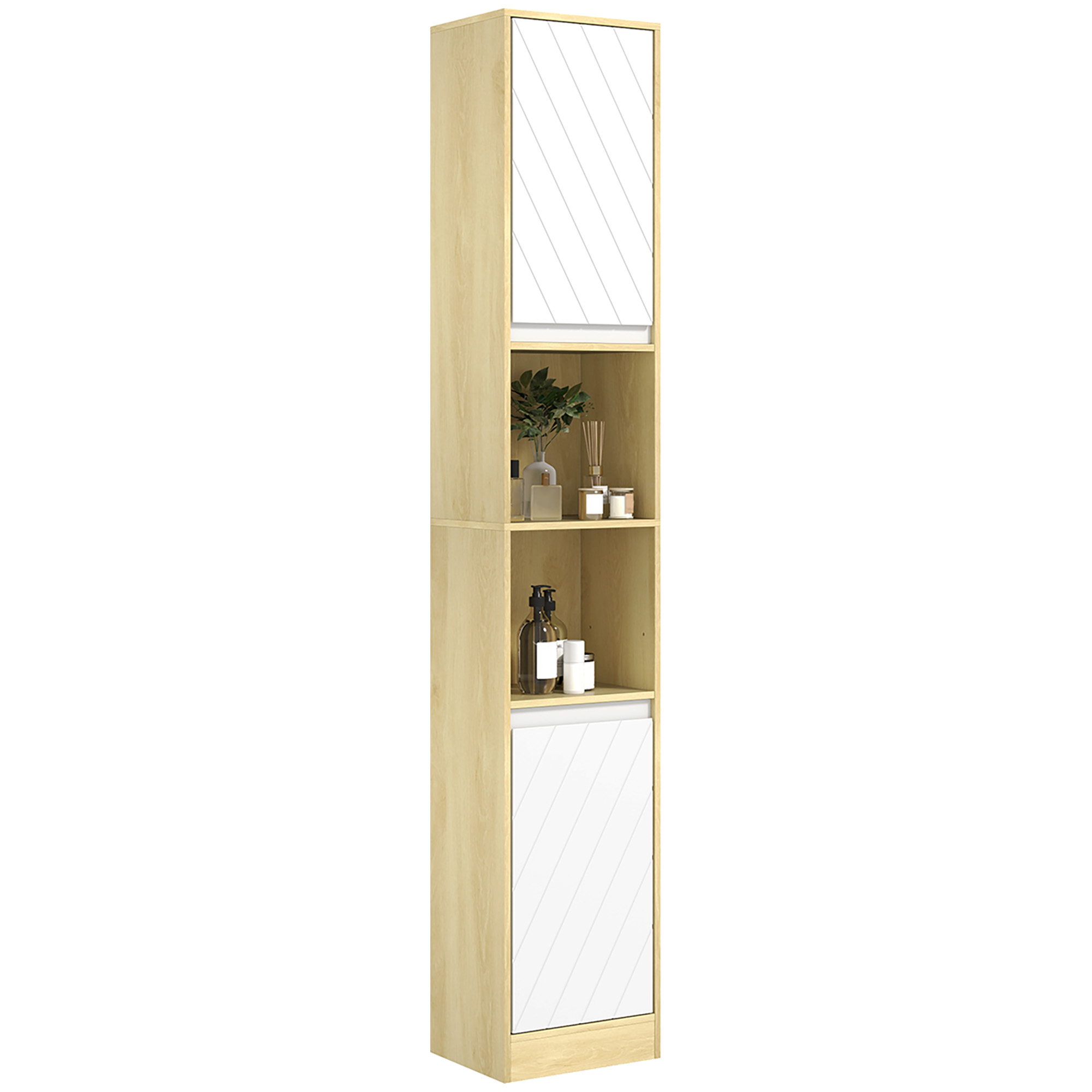 HOMCOM Armario de Baño Alto, Columna de Baño Estrecha con 2 Puertas y 2 Estantes Abiertos, para Espacios Pequeños, 30x24x170 cm, Roble y Blanco