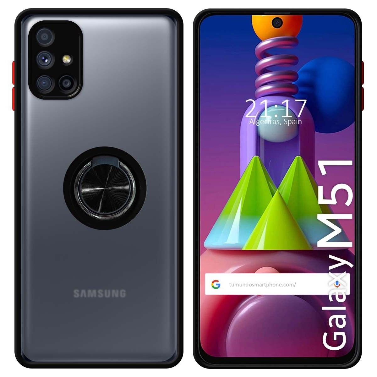Tumundosmartphone Funda Mate con Borde Negro y Anillo Giratorio 360 para Samsung Galaxy M51