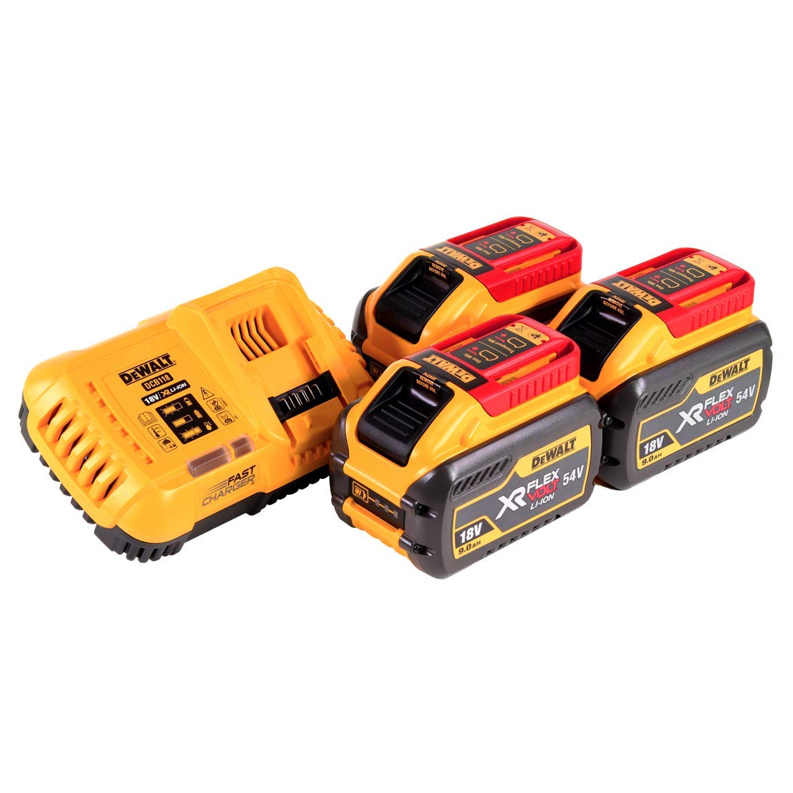 DEWALT DCB118X3-QW - Kit 3 Baterías Carril XR FLEXVOLT 54V/18V Li-Ion 9,0Ah y Cargador XR FLEXVOLT: 54V - 18V Carril Li-Ion