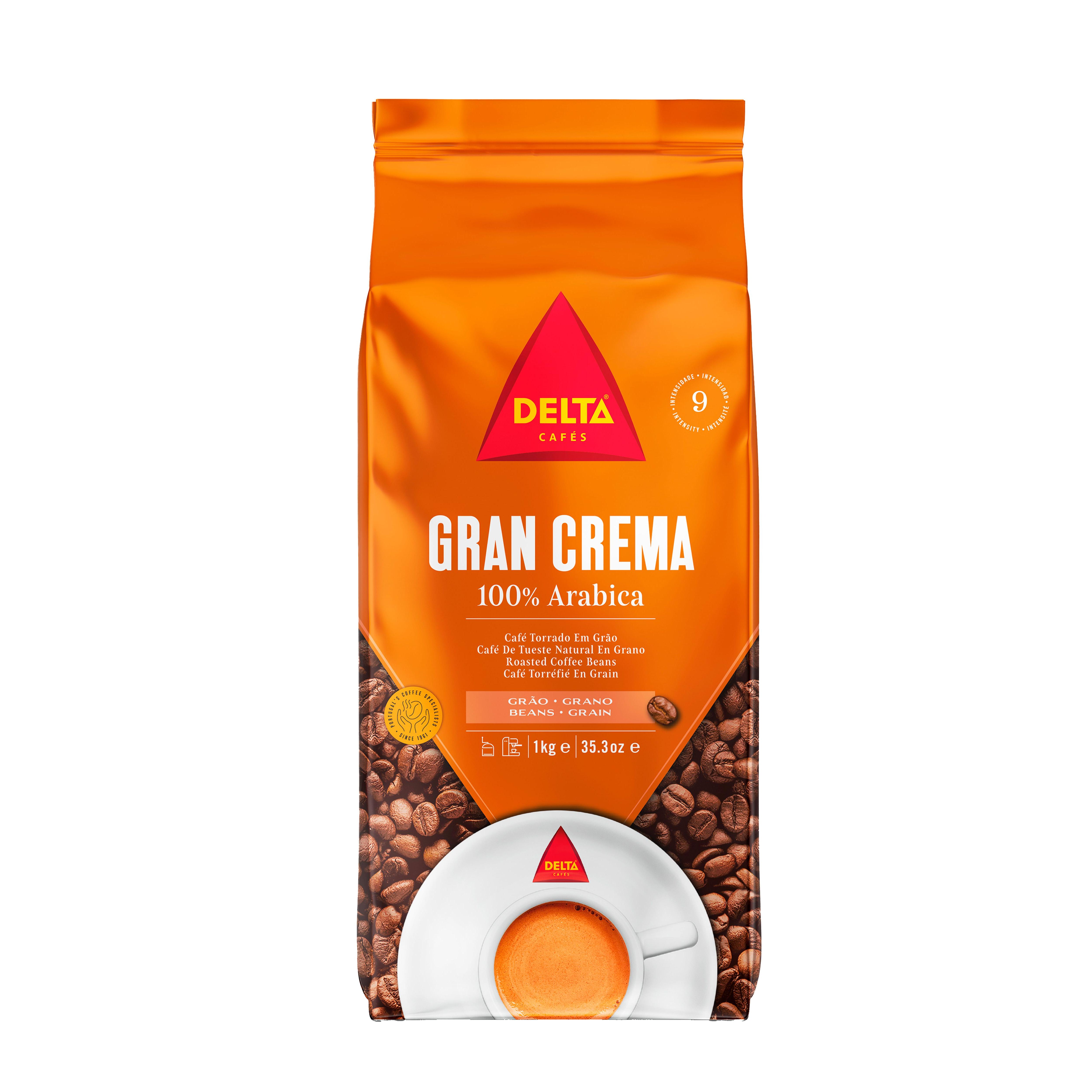 Delta Cafés Gran Crema - Café en Grano  Natural 100% Arábico  1 kg - Notas de especias, cacao y matices afrutados
