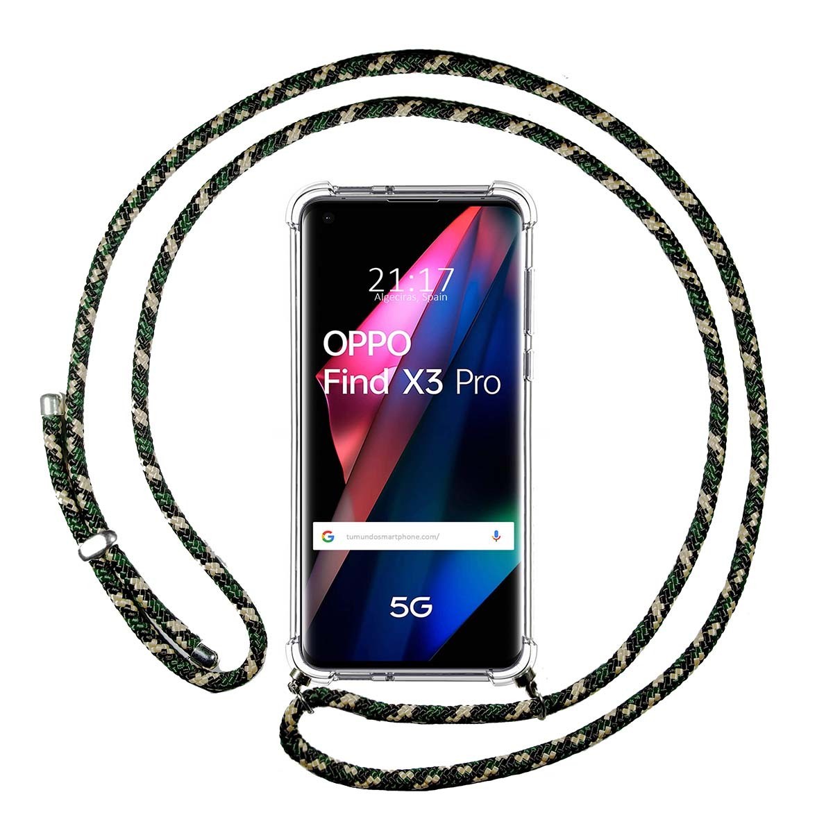 Tumundosmartphone Funda Colgante Transparente para Oppo Find X3 Pro 5G con Cordon Verde / Dorado