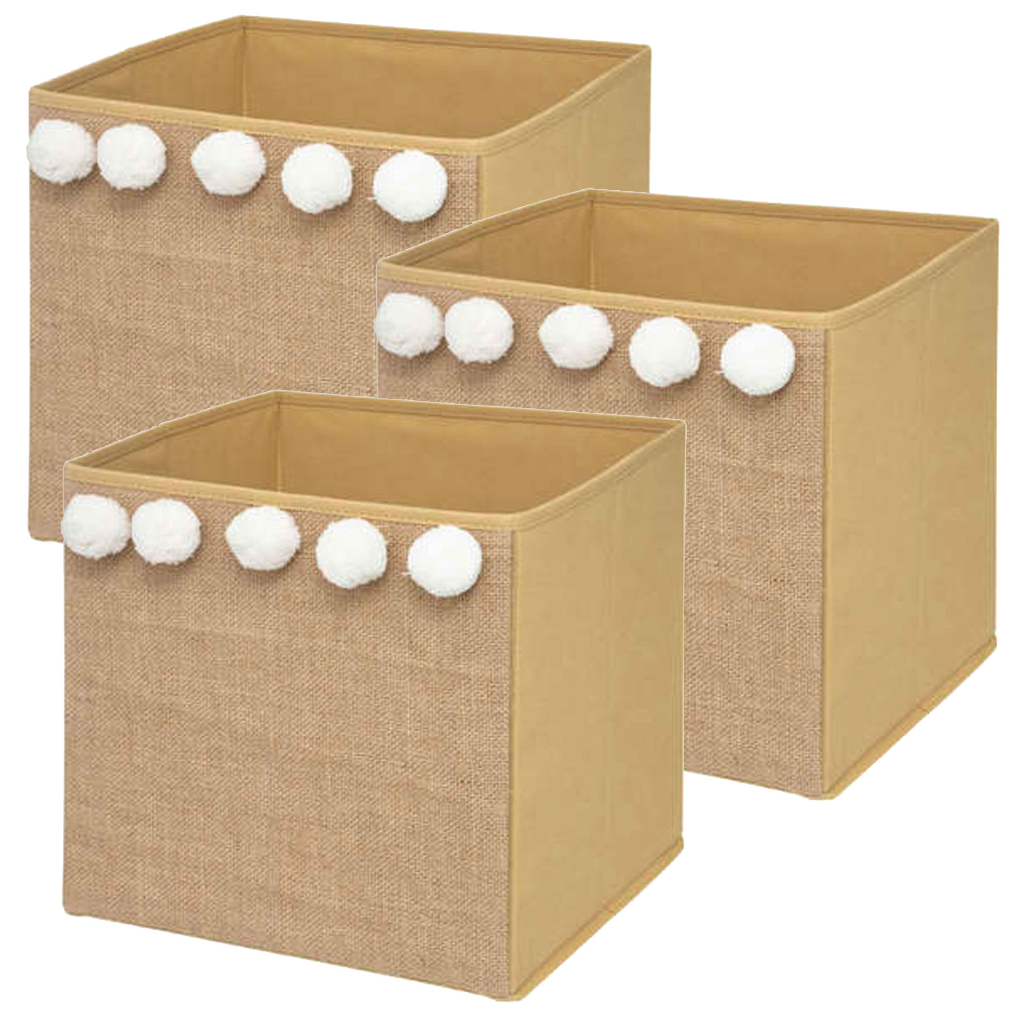 SET DE 3 CAJAS DE ALMACENAMIENTO INFANTIL CON POMPONES EN YUTE - 29 x 29 x 29 cm WELLHOME