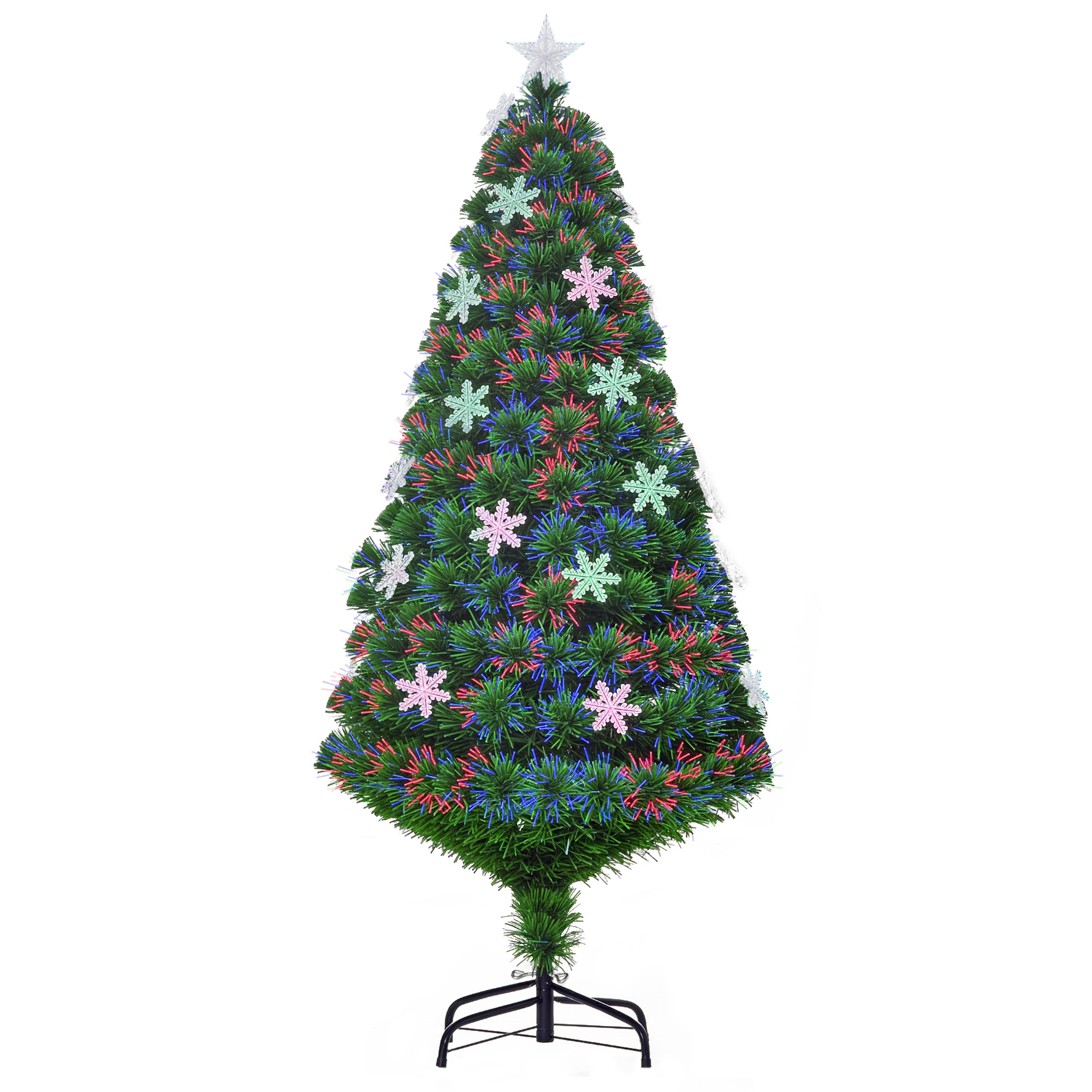 HOMCOM Árbol de Navidad Artificial Árboles de Abeto 150cm con Soporte Decoraciones Navideñas Copos de Nieve Fibra Óptica Brillante LED Multicolor Ignífugo