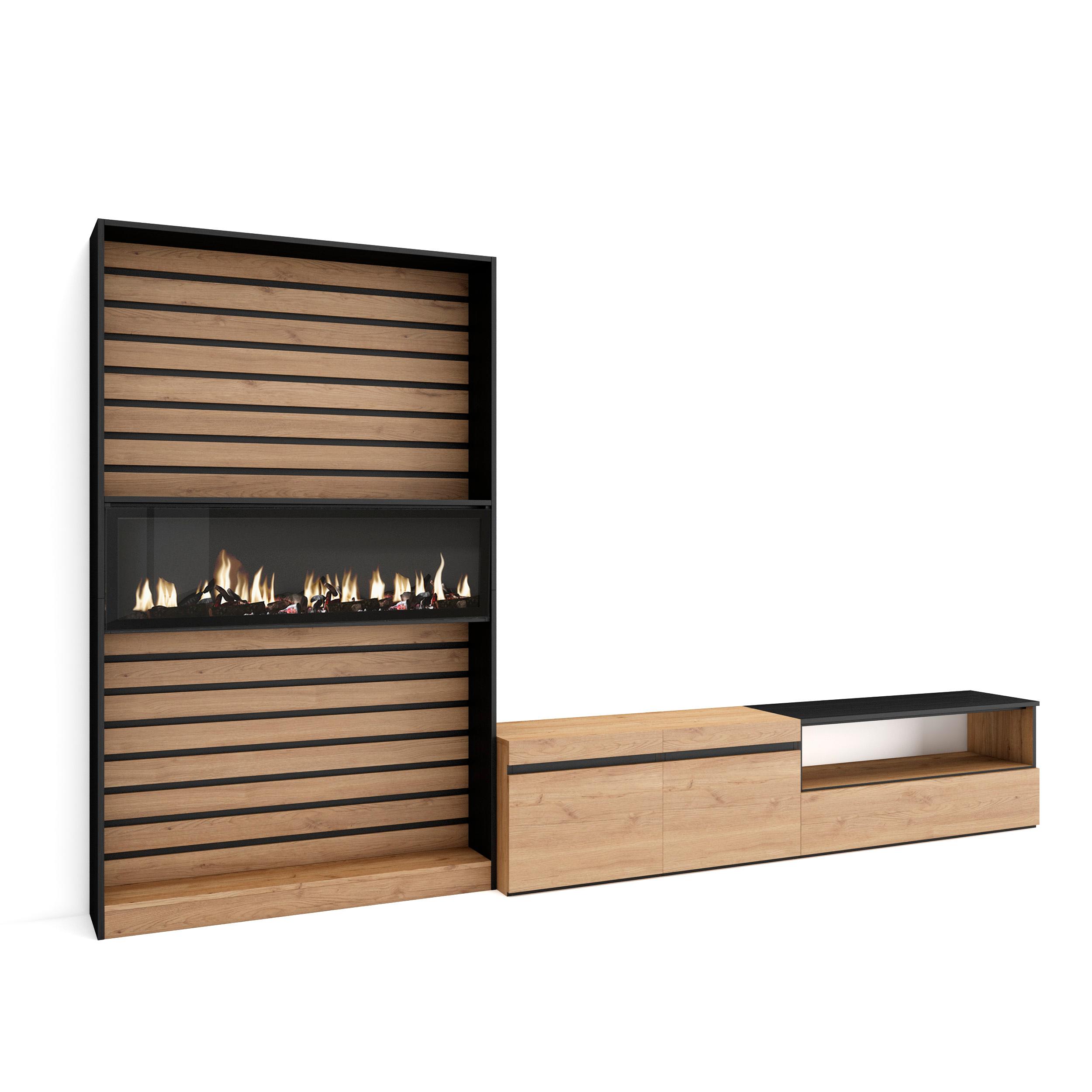 Skraut Home - Conjunto de muebles de Salón - Estantería con Fuego XXL led efecto 3d y Mueble de Televisión - Veteado de madera - Tacto poroso de alta calidad - Estilo Moderno - Medidas totales 310x35x186cm