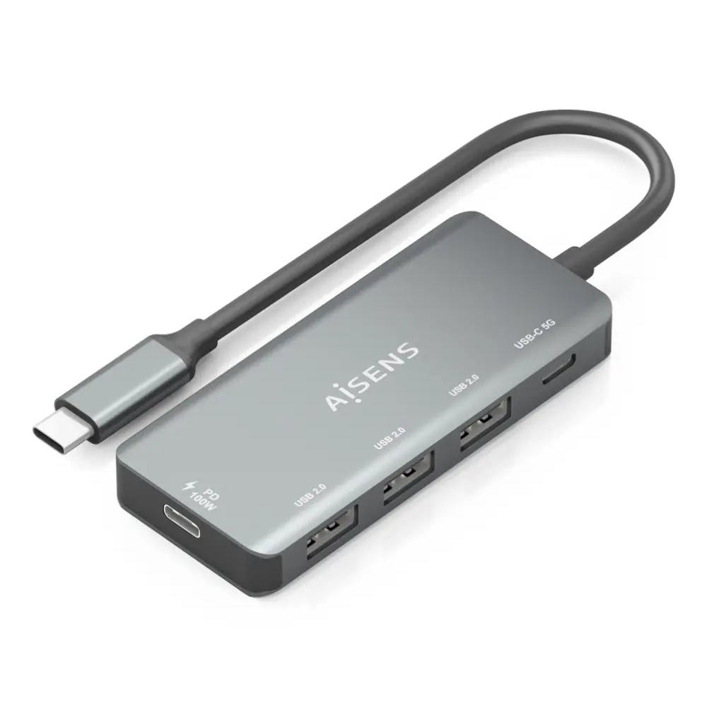 Hub USB-C 3.1 PD 100W, 1xUSB-C 3.0, 3xUSB-A 2.0, Aluminio, Gris, 15cm