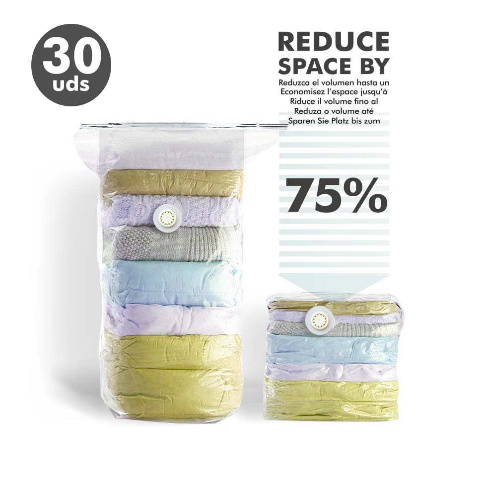 Bolsas Jocca ahorra espacio al vacío reutilizables que reducen hasta un 70% el volumen del paquete a la vez que protegen la ropa. Ideales para mudanzas, cambios de armarios o viajes.