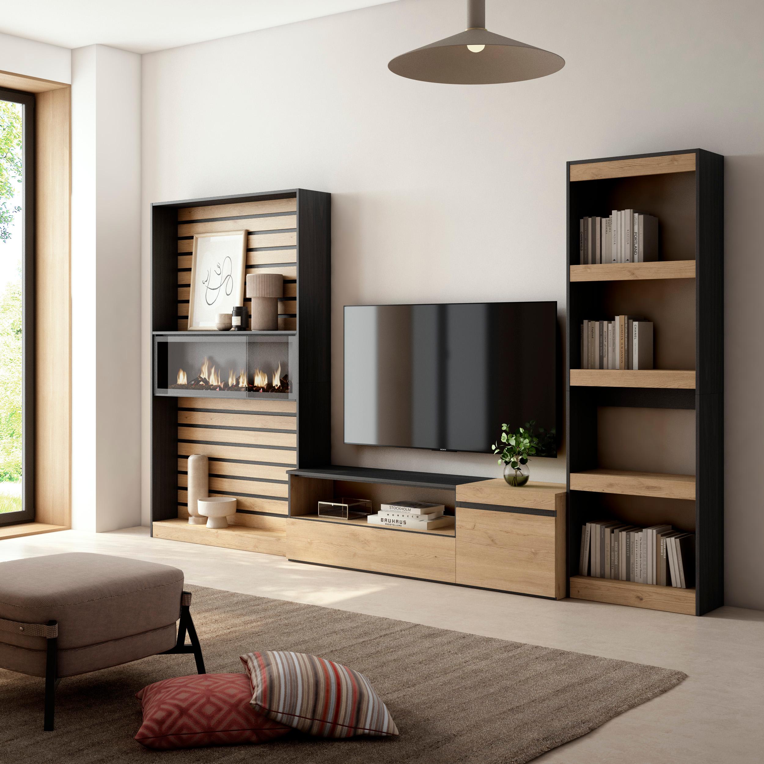 SKRAUT HOME - Skraut Home - Conjunto de muebles de Salón - Estantería - Mueble TV - Fuego led efecto 3d - Veteado de madera - Tacto poroso de alta calidad - Estilo Moderno
