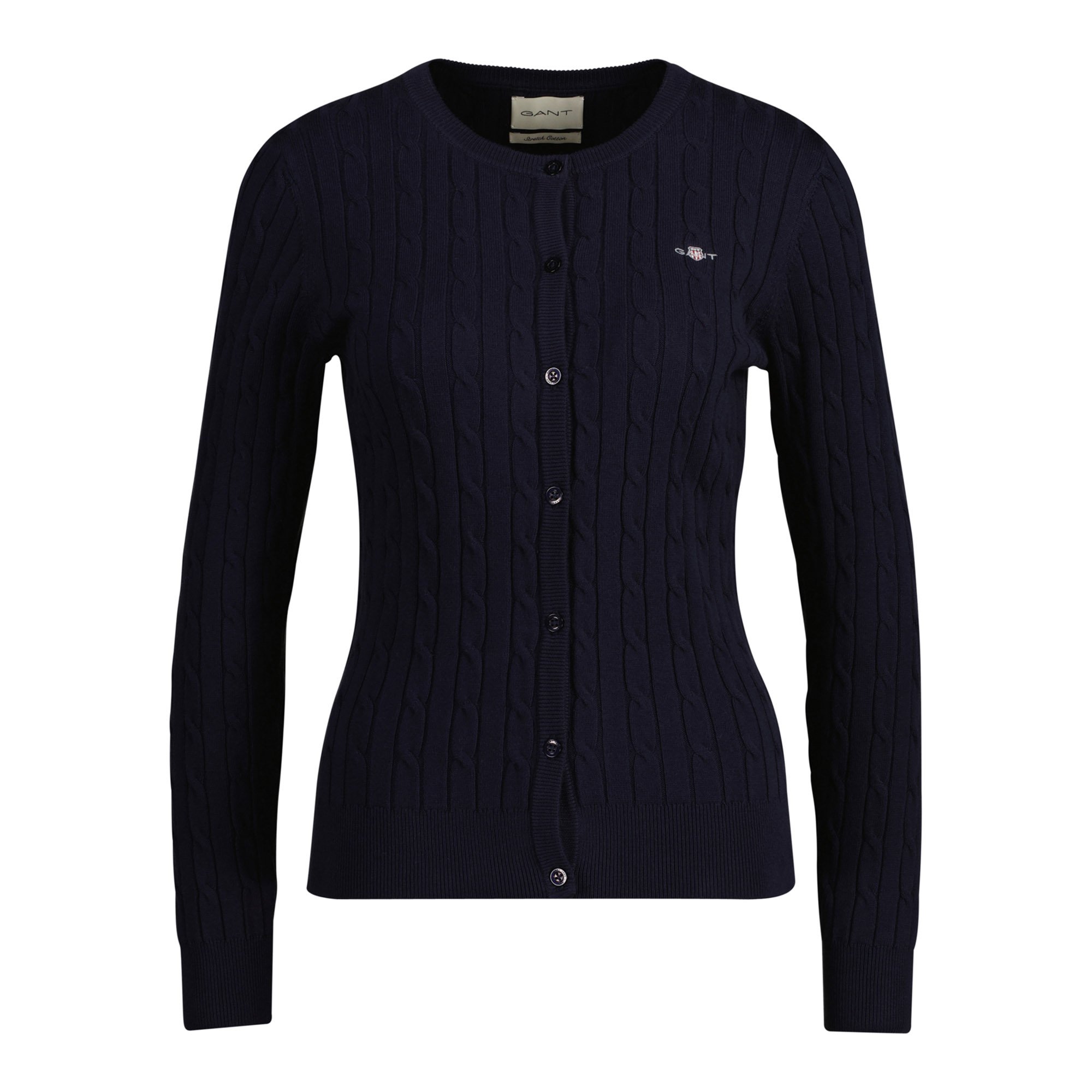 GANT Cárdigan de punto para mujer - STRETCH COTTON CABLE CARDIGAN, punto trenzado, logotipo STRETCH COTTON CABLE CARDIGAN