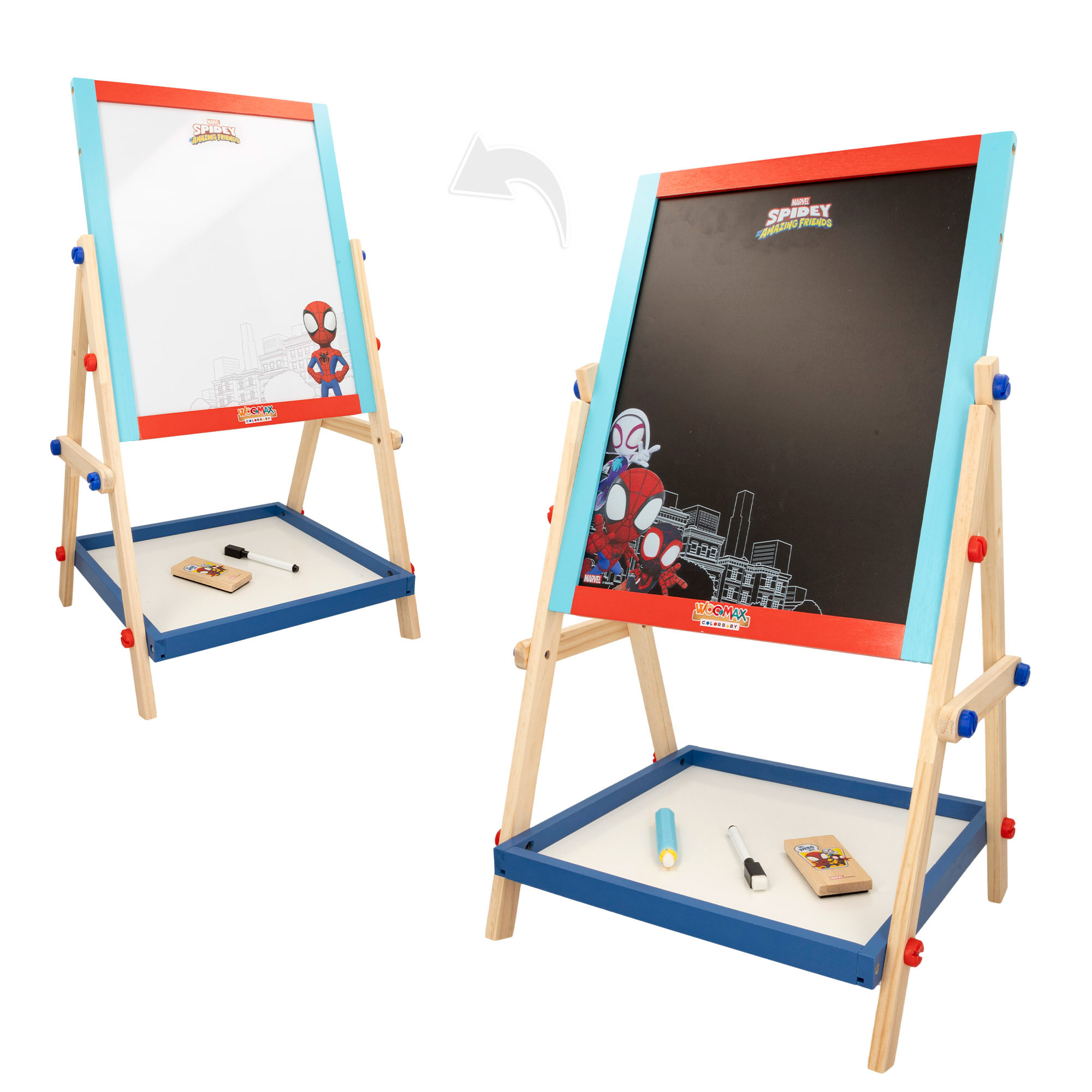 WOOMAX - Spidey y su superequipo pizarra caballete infantil 2 en 1, juguetes para niños, doble cara, blanca y negra, todo en uno, con tizas, borrador, rotulador, regalos para niños y niñas, +4 años