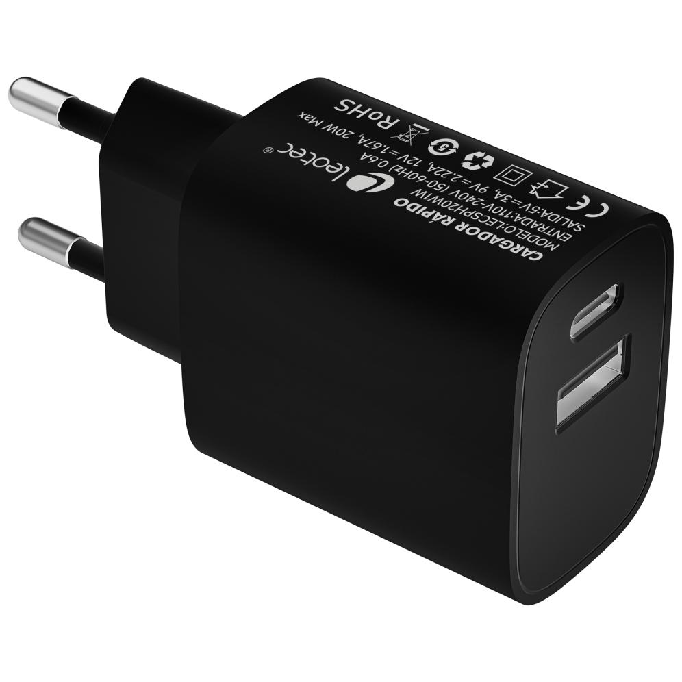 Leotec Cargador de Pared Doble USB-C PD/USB 2.0 20W Negro