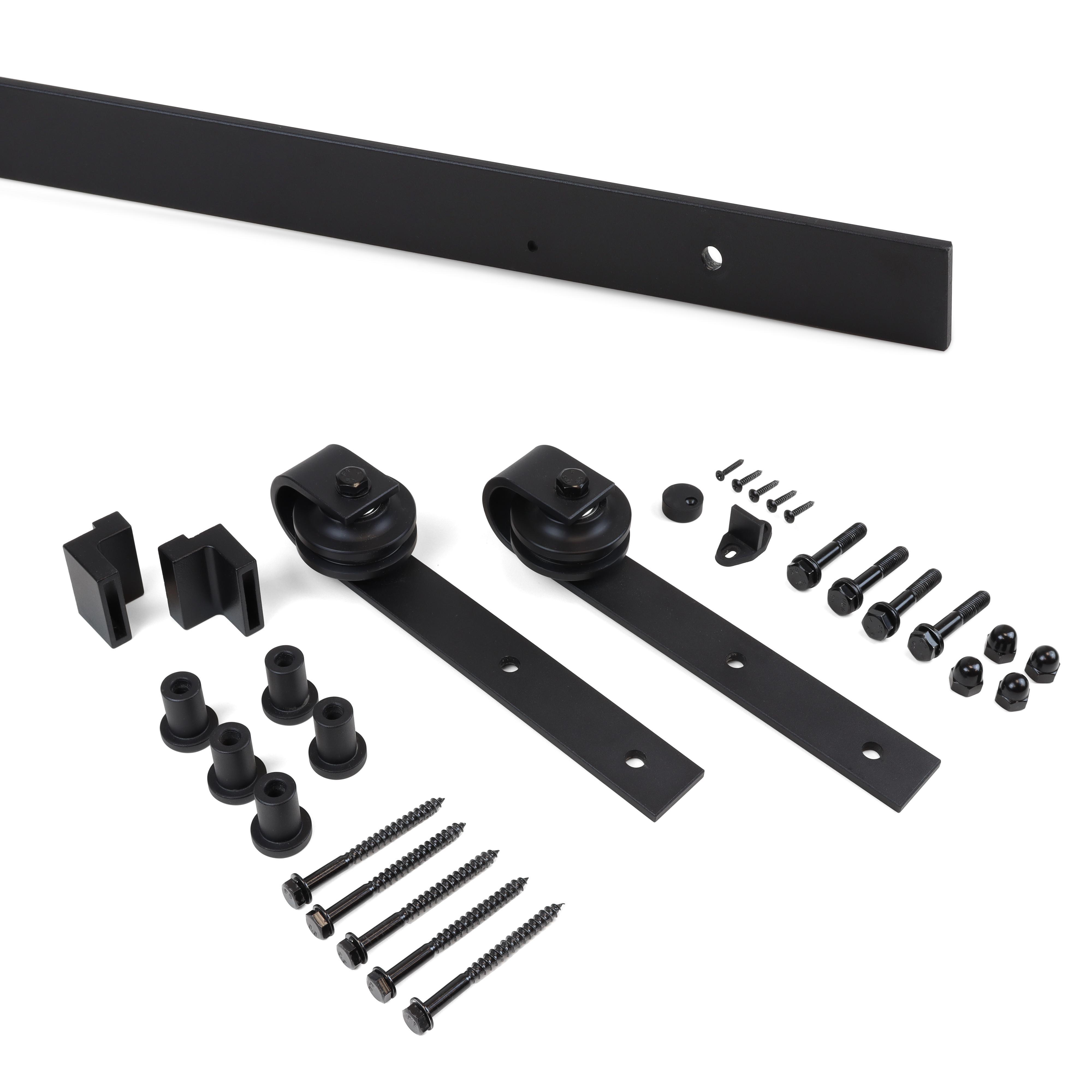 Kit de herrajes para una puerta corredera colgada de madera barn, sin cierre suave, tableros no incluidos, acero y plástico, pintado negro