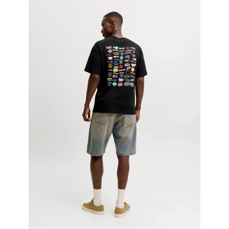Camiseta Oversize Jack & Jones Hombre | Negra | Estampado Multi-Logotipo | 100% Algodón