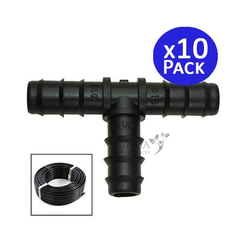 SUINGA Te Riego por Goteo 16mm | Pack 10 Te conector tuberia 16 mm | Te Goteo para Manguera de Riego 16mm negro