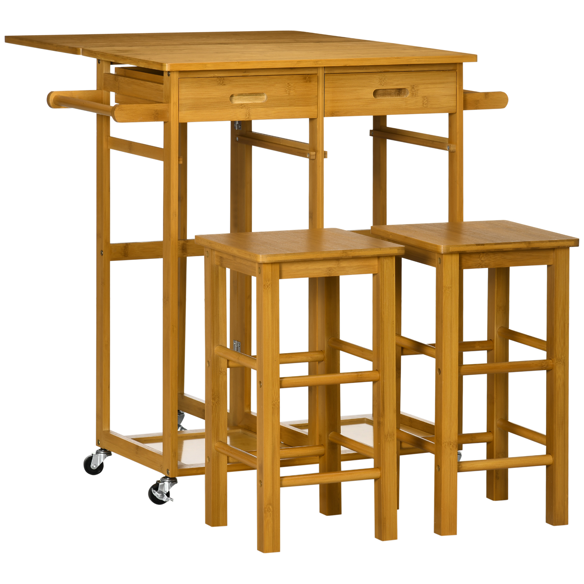 HOMCOM Juego de Mesa Alta de Bar y 2 Taburetes, Mesa Alta de Cocina de Bambú con Ruedas, Tablero Plegable, Ahorro Espacio, Cajones, Toalleros y Reposapiés, Marrón
