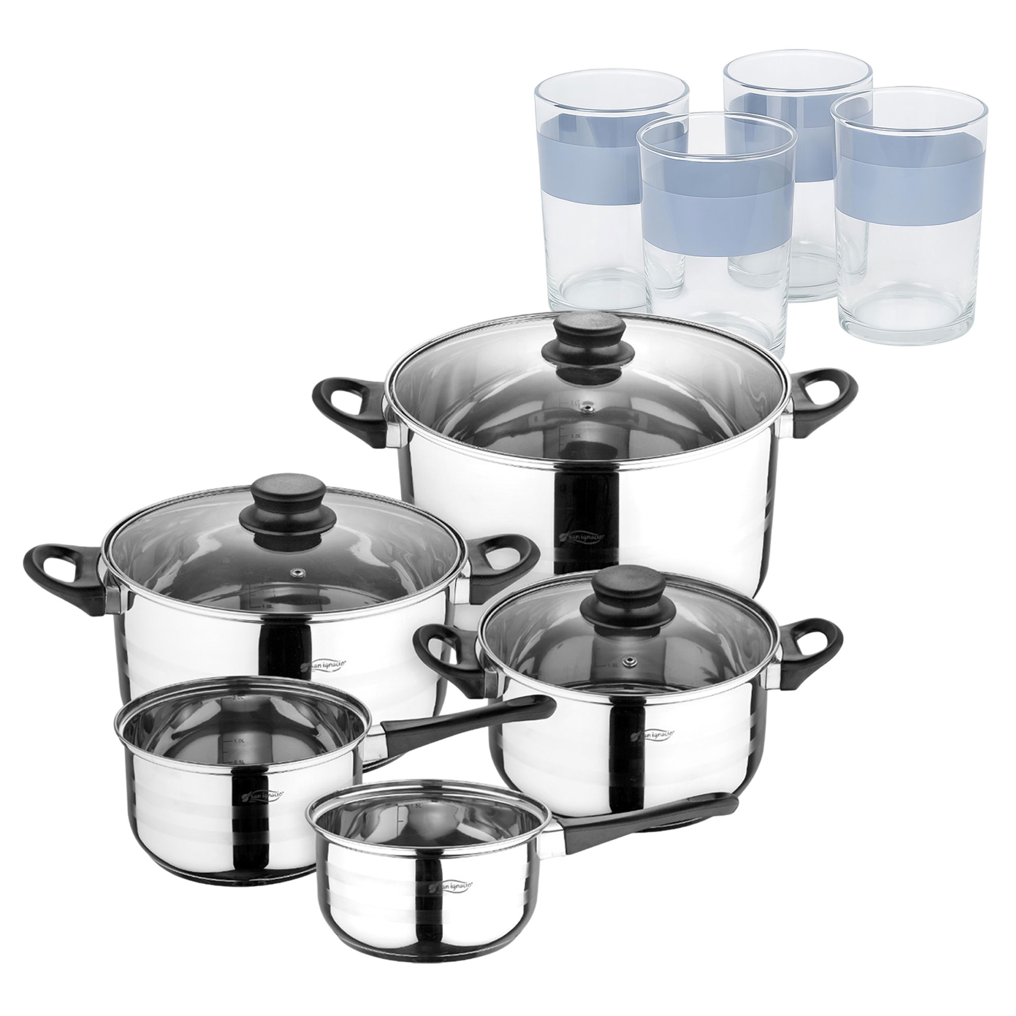 Batería de cocina de ocho piezas San Ignacio+  Delantal de Cocina Gris oscuro 100% Algodón 75x80cm de talla única SMART MasterPRO