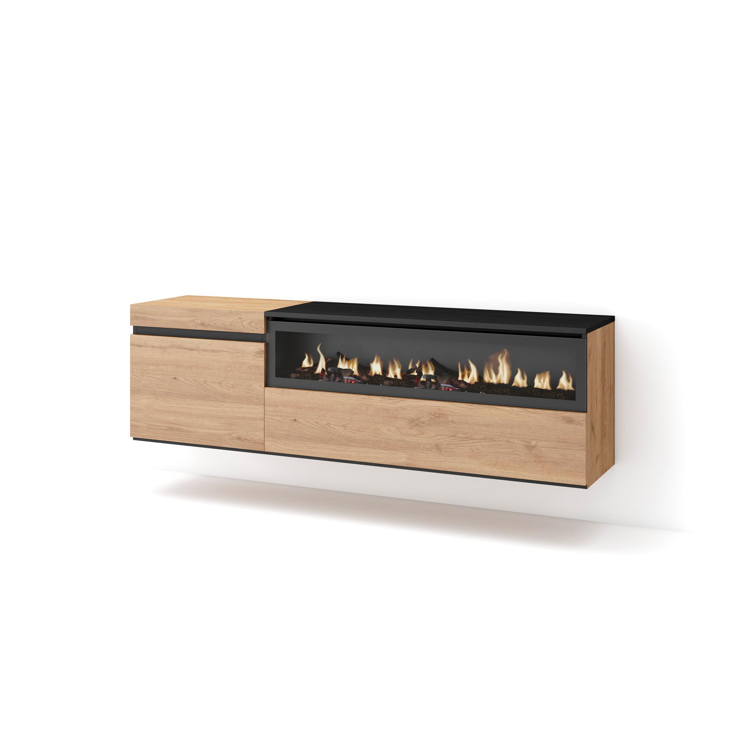 Skraut Home, Mueble de Televisión, Fuego led efecto 3d, Veteado de madera, Tacto poroso, 153x35x45cm
