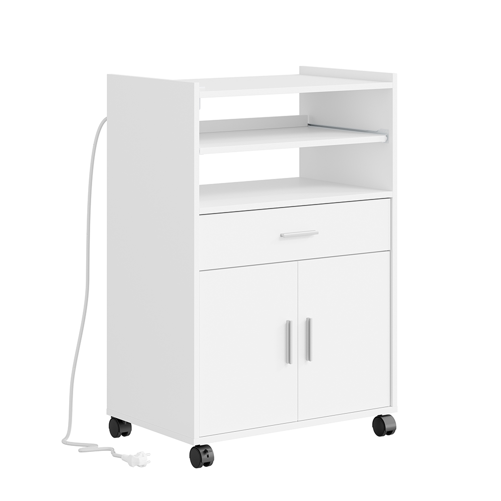 SoBuy Carro de cocina blanco con ruedas, cajón y enchufe integrado, 61×40×92 cm